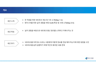 개요
세션 소개
세션 목표
 전 직원을 위한 네트워크 개요 및 기초 소개(Step 1~2)
 엔지니어를 위한 실무 경험을 바탕 VLAN 특징 및 사례 소개(Step 3~5)
 실무 경험을 바탕으로 네트워크 통신 원리를 소개하고 이해시키는 것
세션 후기
 네트워크를 아무것도 모르는 사람에게 어떻게 정보를 전달 해야 하는지에 대한 방법을 고민
 네트워크를 쉽게 설명하기 위해 약간의 왜곡된 내용 존재
 