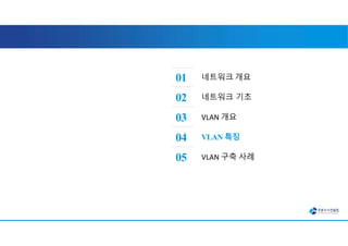 네트워크 개요
01
네트워크 기초
02
VLAN 개요
03
VLAN 특징
04
VLAN 구축 사례
05
 