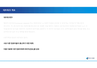 네트워크 개요
네트워크란?
컴퓨터 네트워크(computer network) 또는 컴퓨터망은 노드들이 자원을 공유할 수 있게 하는 디지털 전기통신망의
하나이다. 즉, 분산되어 있는 컴퓨터를 통신망으로 연결한 것을 말한다. 컴퓨터 네트워크에서 컴퓨팅 장치들은 노드 간
연결(데이터 링크)을 사용하여 서로에게 데이터를 교환한다. 이 데이터 링크들은 유선, 광케이블과 같은 케이블 매체, 또는
와이파이와 같은 무선 매체를 통해 확립된다.
<위키백과 컴퓨터 네트워크 참조>
서로 다른 컴퓨터들이 통신하기 위한 체계
이를 이용해 다른 컴퓨터에게 데이터(정보)를 공유
 