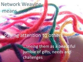 … seeing them as a beautiful jumble of gifts, needs and challenges Network Weaving means Paying attention to others… 
