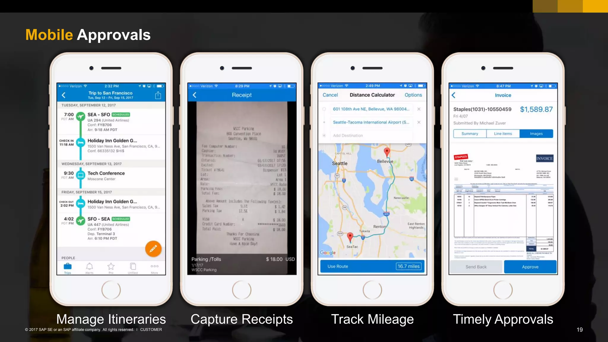 19CUSTOMER© 2017 SAP SE or an SAP affiliate company. All rights reserved. ǀ
Manage Itineraries Capture Receipts Track Mileage Timely Approvals
Mobile Approvals
 