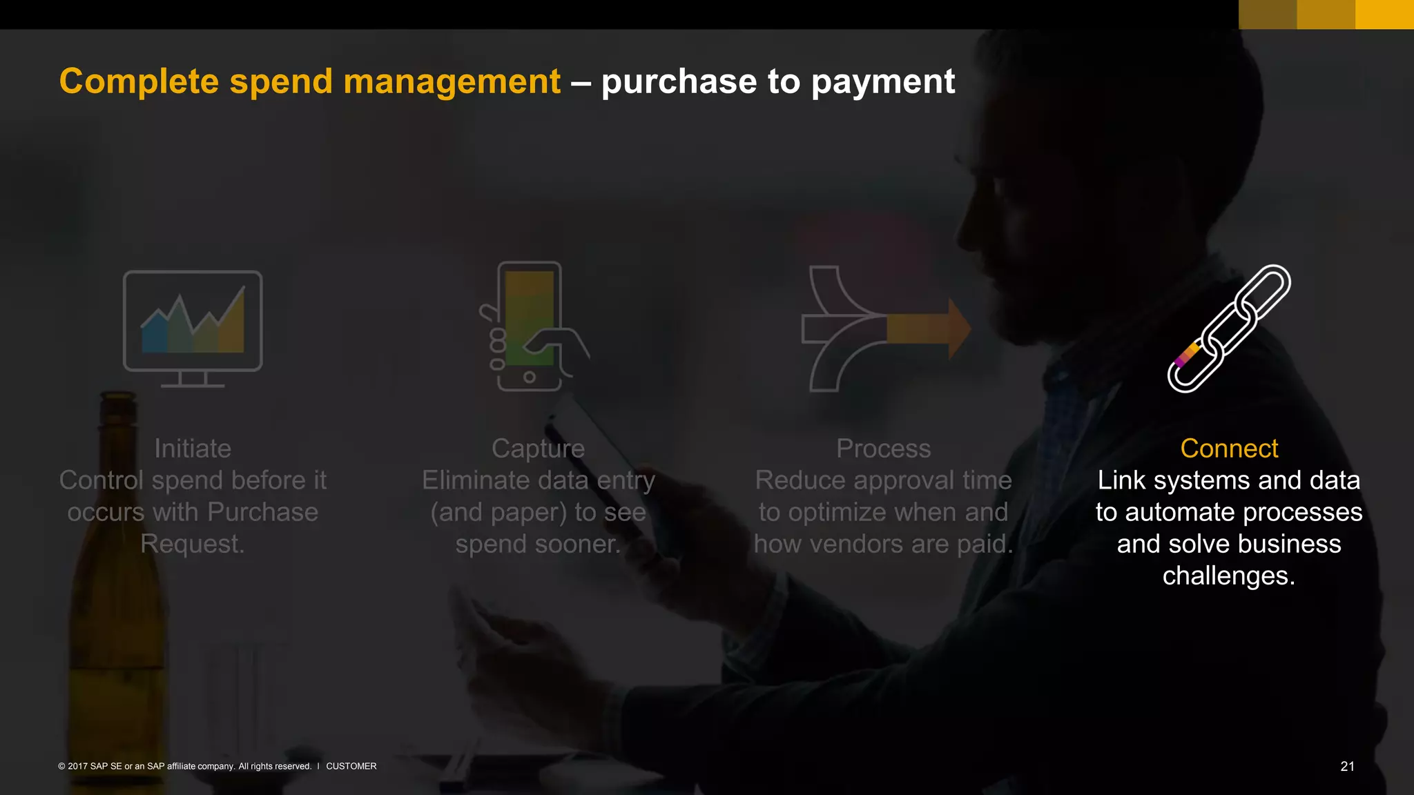 21CUSTOMER© 2017 SAP SE or an SAP affiliate company. All rights reserved. ǀ
Complete spend management – purchase to payment
Initiate
Control spend before it
occurs with Purchase
Request.
Connect
Link systems and data
to automate processes
and solve business
challenges.
Capture
Eliminate data entry
(and paper) to see
spend sooner.
Process
Reduce approval time
to optimize when and
how vendors are paid.
 