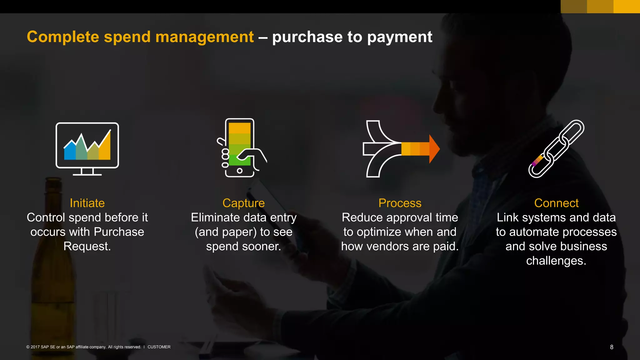 8CUSTOMER© 2017 SAP SE or an SAP affiliate company. All rights reserved. ǀ
Complete spend management – purchase to payment
Initiate
Control spend before it
occurs with Purchase
Request.
Connect
Link systems and data
to automate processes
and solve business
challenges.
Capture
Eliminate data entry
(and paper) to see
spend sooner.
Process
Reduce approval time
to optimize when and
how vendors are paid.
 