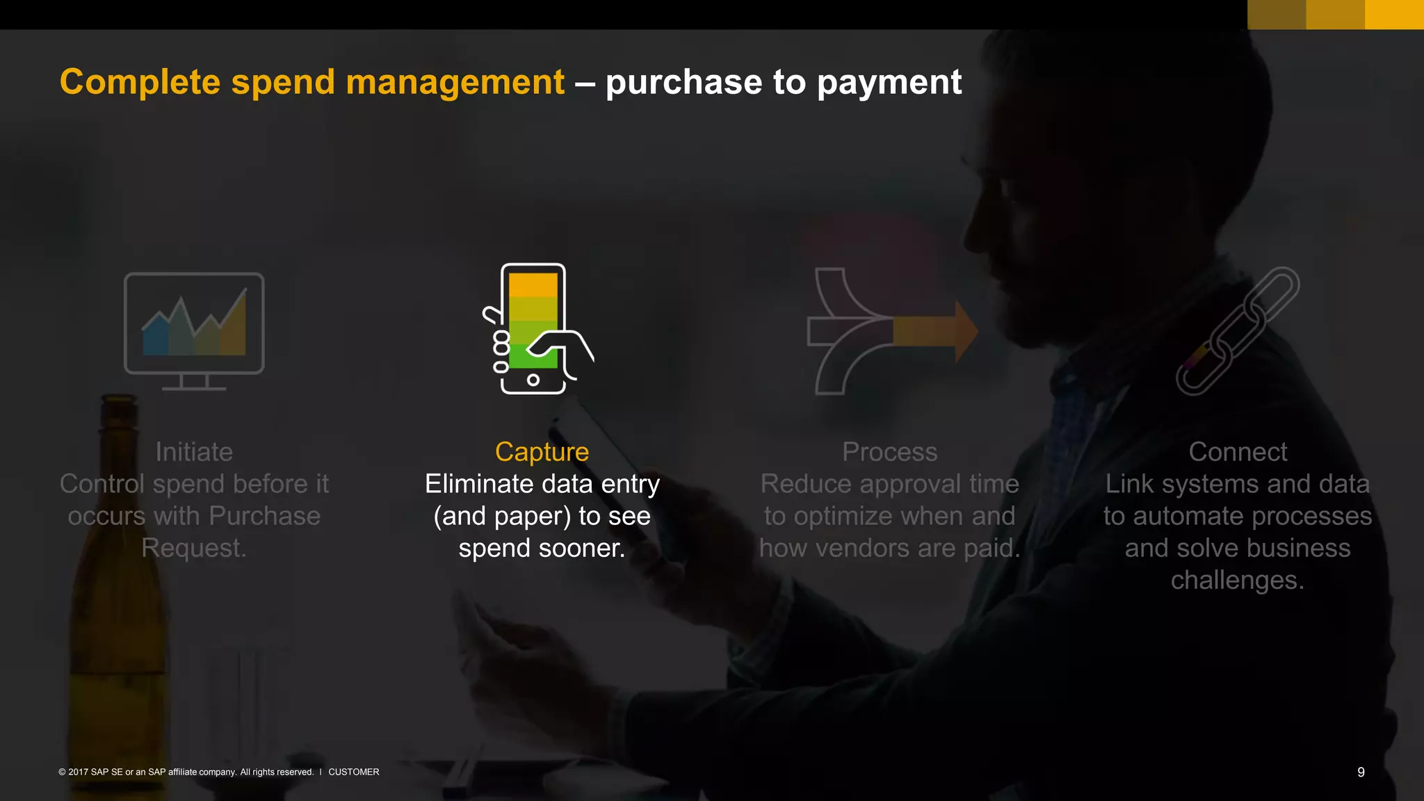 9CUSTOMER© 2017 SAP SE or an SAP affiliate company. All rights reserved. ǀ
Complete spend management – purchase to payment
Initiate
Control spend before it
occurs with Purchase
Request.
Connect
Link systems and data
to automate processes
and solve business
challenges.
Capture
Eliminate data entry
(and paper) to see
spend sooner.
Process
Reduce approval time
to optimize when and
how vendors are paid.
 