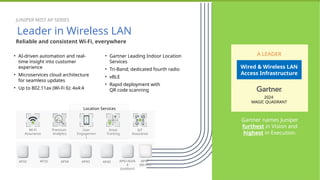 JUNIPER MIST AP SERIES
Leader in Wireless LAN
Reliable and consistent Wi-Fi, everywhere
• AI-driven automation and real-
time insight into customer
experience
• Microservices cloud architecture
for seamless updates
• Up to 802.11ax (Wi-Fi 6): 4x4:4
• Gartner Leading Indoor Location
Services
• Tri-Band; dedicated fourth radio
• vBLE
• Rapid deployment with
QR code scanning
Wi-Fi
Assurance
User
Engagemen
t
Asset
Tracking
Premium
Analytics
IoT
Assurance
AP32 AP33 AP61/63/6
4
(outdoor)
AP43
AP34 AP45
Location Services
2024
MAGIC QUADRANT
A LEADER
Wired & Wireless LAN
Access Infrastructure
Gartner names Juniper
furthest in Vision and
highest in Execution.
AP47
(Wi-Fi7)
 