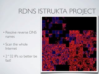RDNS ISTRUKTA PROJECT

• Resolve   reverse DNS
 names

• Scanthe whole
 Internet

• 2^32   IPs so better be
 fast!
 