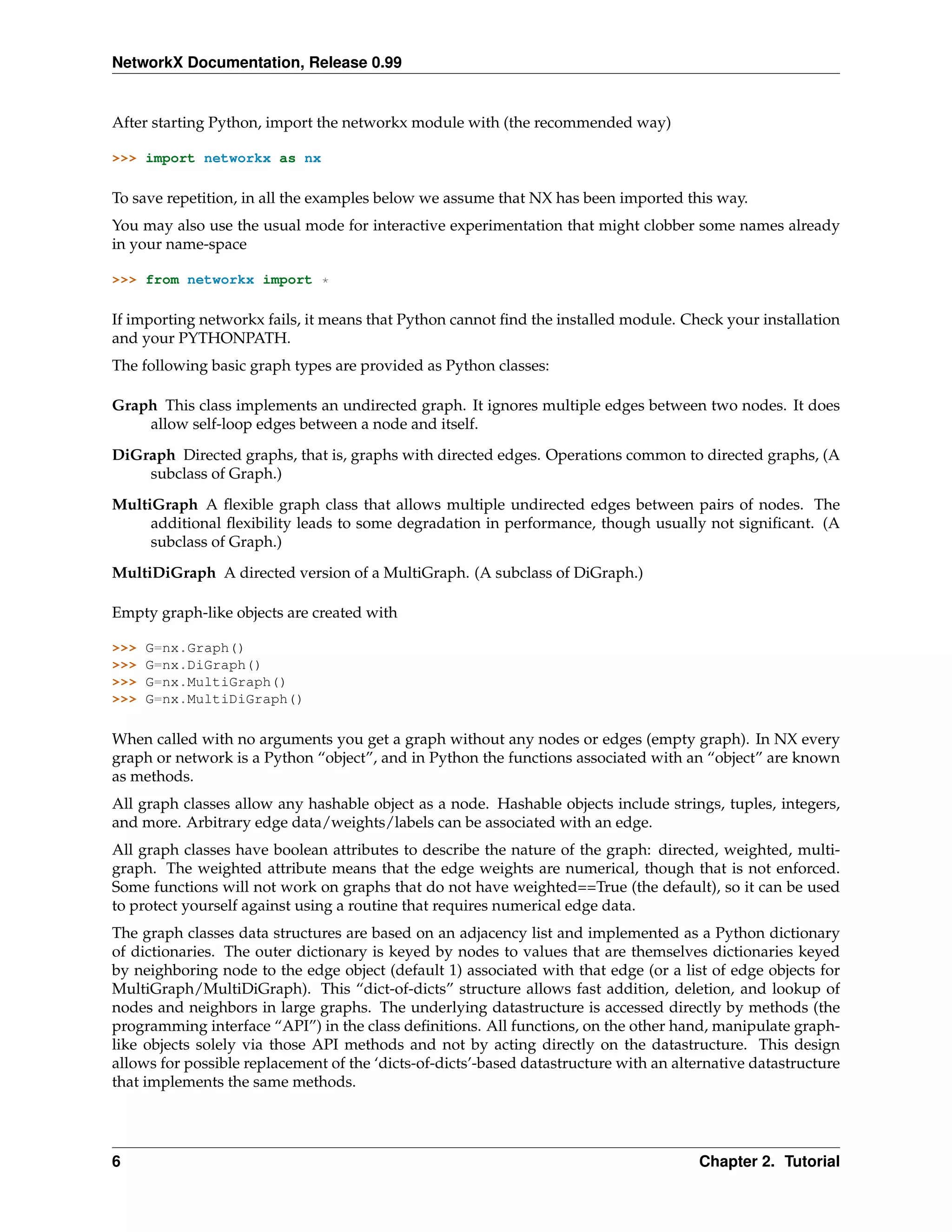 NetworkX Documentation, Release 0.99


After starting Python, import the networkx module with (the recommended way)

>>> import networkx as nx

To save repetition, in all the examples below we assume that NX has been imported this way.
You may also use the usual mode for interactive experimentation that might clobber some names already
in your name-space

>>> from networkx import *

If importing networkx fails, it means that Python cannot ﬁnd the installed module. Check your installation
and your PYTHONPATH.
The following basic graph types are provided as Python classes:

Graph This class implements an undirected graph. It ignores multiple edges between two nodes. It does
    allow self-loop edges between a node and itself.
DiGraph Directed graphs, that is, graphs with directed edges. Operations common to directed graphs, (A
    subclass of Graph.)
MultiGraph A ﬂexible graph class that allows multiple undirected edges between pairs of nodes. The
     additional ﬂexibility leads to some degradation in performance, though usually not signiﬁcant. (A
     subclass of Graph.)
MultiDiGraph A directed version of a MultiGraph. (A subclass of DiGraph.)

Empty graph-like objects are created with

>>>   G=nx.Graph()
>>>   G=nx.DiGraph()
>>>   G=nx.MultiGraph()
>>>   G=nx.MultiDiGraph()

When called with no arguments you get a graph without any nodes or edges (empty graph). In NX every
graph or network is a Python “object”, and in Python the functions associated with an “object” are known
as methods.
All graph classes allow any hashable object as a node. Hashable objects include strings, tuples, integers,
and more. Arbitrary edge data/weights/labels can be associated with an edge.
All graph classes have boolean attributes to describe the nature of the graph: directed, weighted, multi-
graph. The weighted attribute means that the edge weights are numerical, though that is not enforced.
Some functions will not work on graphs that do not have weighted==True (the default), so it can be used
to protect yourself against using a routine that requires numerical edge data.
The graph classes data structures are based on an adjacency list and implemented as a Python dictionary
of dictionaries. The outer dictionary is keyed by nodes to values that are themselves dictionaries keyed
by neighboring node to the edge object (default 1) associated with that edge (or a list of edge objects for
MultiGraph/MultiDiGraph). This “dict-of-dicts” structure allows fast addition, deletion, and lookup of
nodes and neighbors in large graphs. The underlying datastructure is accessed directly by methods (the
programming interface “API”) in the class deﬁnitions. All functions, on the other hand, manipulate graph-
like objects solely via those API methods and not by acting directly on the datastructure. This design
allows for possible replacement of the ‘dicts-of-dicts’-based datastructure with an alternative datastructure
that implements the same methods.




6                                                                                      Chapter 2. Tutorial
 