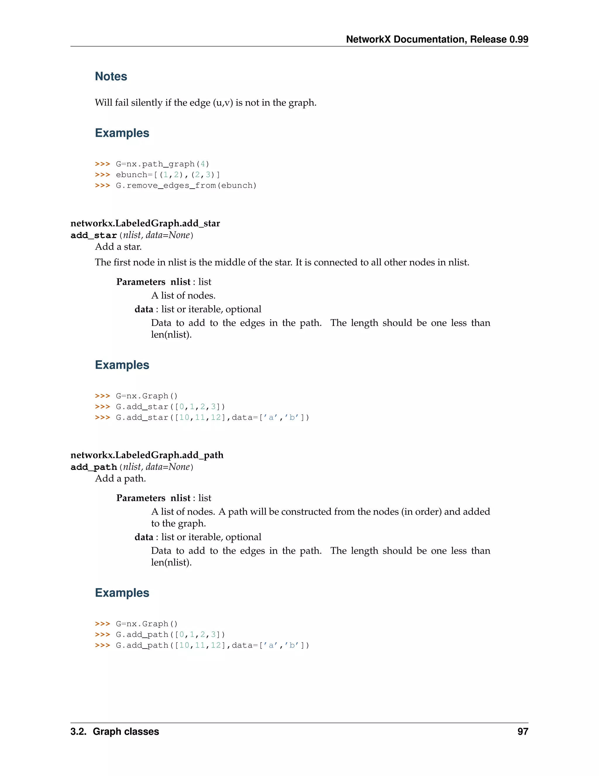 NetworkX Documentation, Release 0.99


    Notes

    Will fail silently if the edge (u,v) is not in the graph.


    Examples

    >>> G=nx.path_graph(4)
    >>> ebunch=[(1,2),(2,3)]
    >>> G.remove_edges_from(ebunch)



networkx.LabeledGraph.add_star
add_star(nlist, data=None)
    Add a star.
    The ﬁrst node in nlist is the middle of the star. It is connected to all other nodes in nlist.
         Parameters nlist : list
                 A list of nodes.
             data : list or iterable, optional
                 Data to add to the edges in the path. The length should be one less than
                 len(nlist).


    Examples

    >>> G=nx.Graph()
    >>> G.add_star([0,1,2,3])
    >>> G.add_star([10,11,12],data=[’a’,’b’])



networkx.LabeledGraph.add_path
add_path(nlist, data=None)
    Add a path.
         Parameters nlist : list
                 A list of nodes. A path will be constructed from the nodes (in order) and added
                 to the graph.
             data : list or iterable, optional
                 Data to add to the edges in the path. The length should be one less than
                 len(nlist).


    Examples

    >>> G=nx.Graph()
    >>> G.add_path([0,1,2,3])
    >>> G.add_path([10,11,12],data=[’a’,’b’])




3.2. Graph classes                                                                                   97
 