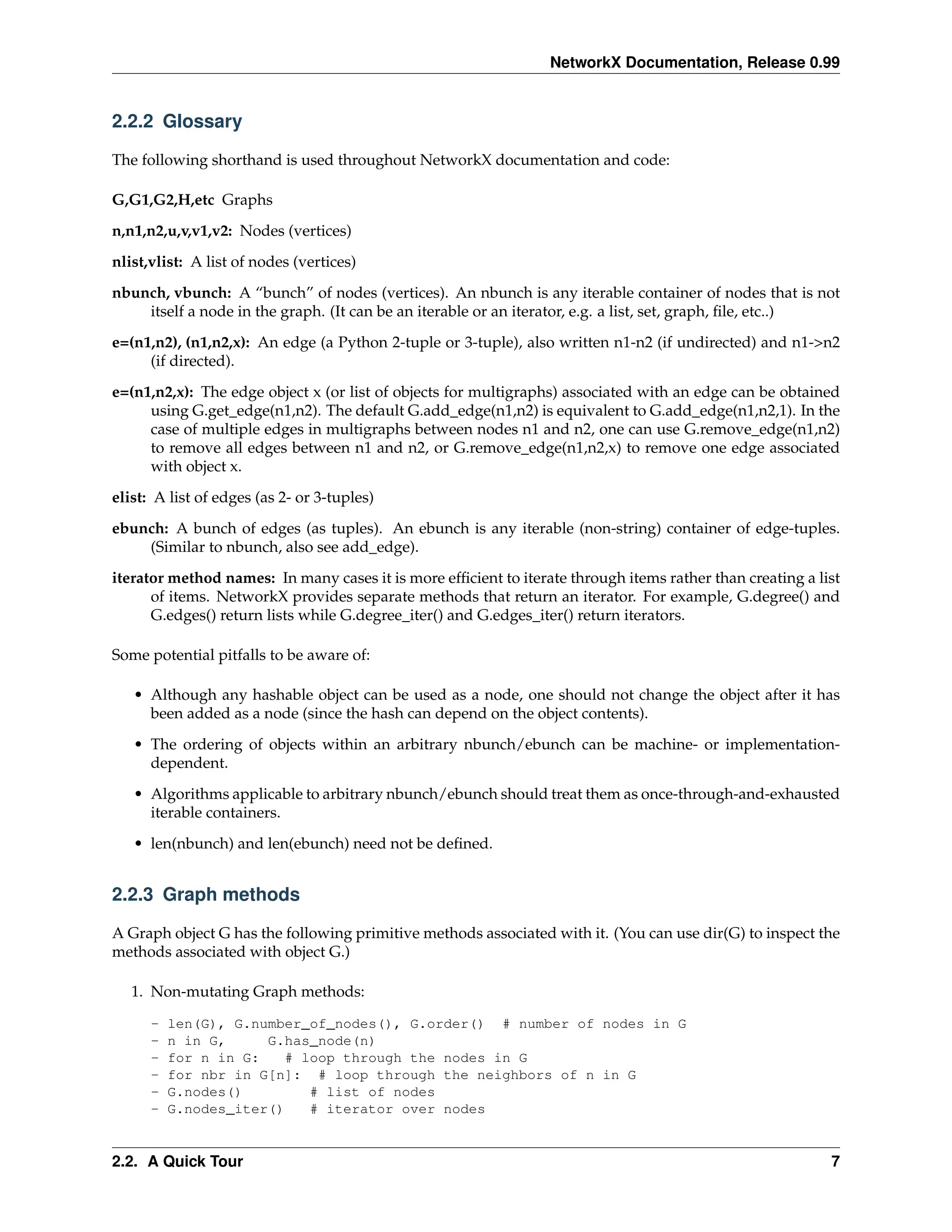 NetworkX Documentation, Release 0.99


2.2.2 Glossary

The following shorthand is used throughout NetworkX documentation and code:

G,G1,G2,H,etc Graphs
n,n1,n2,u,v,v1,v2: Nodes (vertices)
nlist,vlist: A list of nodes (vertices)
nbunch, vbunch: A “bunch” of nodes (vertices). An nbunch is any iterable container of nodes that is not
    itself a node in the graph. (It can be an iterable or an iterator, e.g. a list, set, graph, ﬁle, etc..)
e=(n1,n2), (n1,n2,x): An edge (a Python 2-tuple or 3-tuple), also written n1-n2 (if undirected) and n1->n2
     (if directed).
e=(n1,n2,x): The edge object x (or list of objects for multigraphs) associated with an edge can be obtained
     using G.get_edge(n1,n2). The default G.add_edge(n1,n2) is equivalent to G.add_edge(n1,n2,1). In the
     case of multiple edges in multigraphs between nodes n1 and n2, one can use G.remove_edge(n1,n2)
     to remove all edges between n1 and n2, or G.remove_edge(n1,n2,x) to remove one edge associated
     with object x.
elist: A list of edges (as 2- or 3-tuples)
ebunch: A bunch of edges (as tuples). An ebunch is any iterable (non-string) container of edge-tuples.
    (Similar to nbunch, also see add_edge).
iterator method names: In many cases it is more efﬁcient to iterate through items rather than creating a list
      of items. NetworkX provides separate methods that return an iterator. For example, G.degree() and
      G.edges() return lists while G.degree_iter() and G.edges_iter() return iterators.

Some potential pitfalls to be aware of:

   • Although any hashable object can be used as a node, one should not change the object after it has
     been added as a node (since the hash can depend on the object contents).
   • The ordering of objects within an arbitrary nbunch/ebunch can be machine- or implementation-
     dependent.
   • Algorithms applicable to arbitrary nbunch/ebunch should treat them as once-through-and-exhausted
     iterable containers.
   • len(nbunch) and len(ebunch) need not be deﬁned.


2.2.3 Graph methods

A Graph object G has the following primitive methods associated with it. (You can use dir(G) to inspect the
methods associated with object G.)

   1. Non-mutating Graph methods:

      -   len(G), G.number_of_nodes(), G.order() # number of nodes in G
      -   n in G,     G.has_node(n)
      -   for n in G:    # loop through the nodes in G
      -   for nbr in G[n]: # loop through the neighbors of n in G
      -   G.nodes()         # list of nodes
      -   G.nodes_iter()    # iterator over nodes


2.2. A Quick Tour                                                                                          7
 