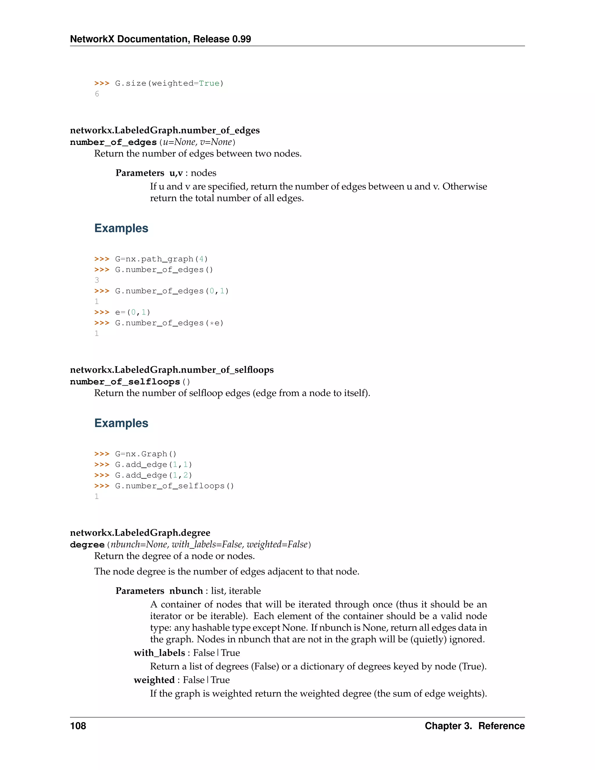 NetworkX Documentation, Release 0.99



      >>> G.size(weighted=True)
      6



networkx.LabeledGraph.number_of_edges
number_of_edges(u=None, v=None)
    Return the number of edges between two nodes.
            Parameters u,v : nodes
                   If u and v are speciﬁed, return the number of edges between u and v. Otherwise
                   return the total number of all edges.


      Examples

      >>>   G=nx.path_graph(4)
      >>>   G.number_of_edges()
      3
      >>>   G.number_of_edges(0,1)
      1
      >>>   e=(0,1)
      >>>   G.number_of_edges(*e)
      1



networkx.LabeledGraph.number_of_selﬂoops
number_of_selfloops()
    Return the number of selﬂoop edges (edge from a node to itself).


      Examples

      >>>   G=nx.Graph()
      >>>   G.add_edge(1,1)
      >>>   G.add_edge(1,2)
      >>>   G.number_of_selfloops()
      1



networkx.LabeledGraph.degree
degree(nbunch=None, with_labels=False, weighted=False)
    Return the degree of a node or nodes.
      The node degree is the number of edges adjacent to that node.
            Parameters nbunch : list, iterable
                   A container of nodes that will be iterated through once (thus it should be an
                   iterator or be iterable). Each element of the container should be a valid node
                   type: any hashable type except None. If nbunch is None, return all edges data in
                   the graph. Nodes in nbunch that are not in the graph will be (quietly) ignored.
                with_labels : False|True
                   Return a list of degrees (False) or a dictionary of degrees keyed by node (True).
                weighted : False|True
                   If the graph is weighted return the weighted degree (the sum of edge weights).


108                                                                                  Chapter 3. Reference
 