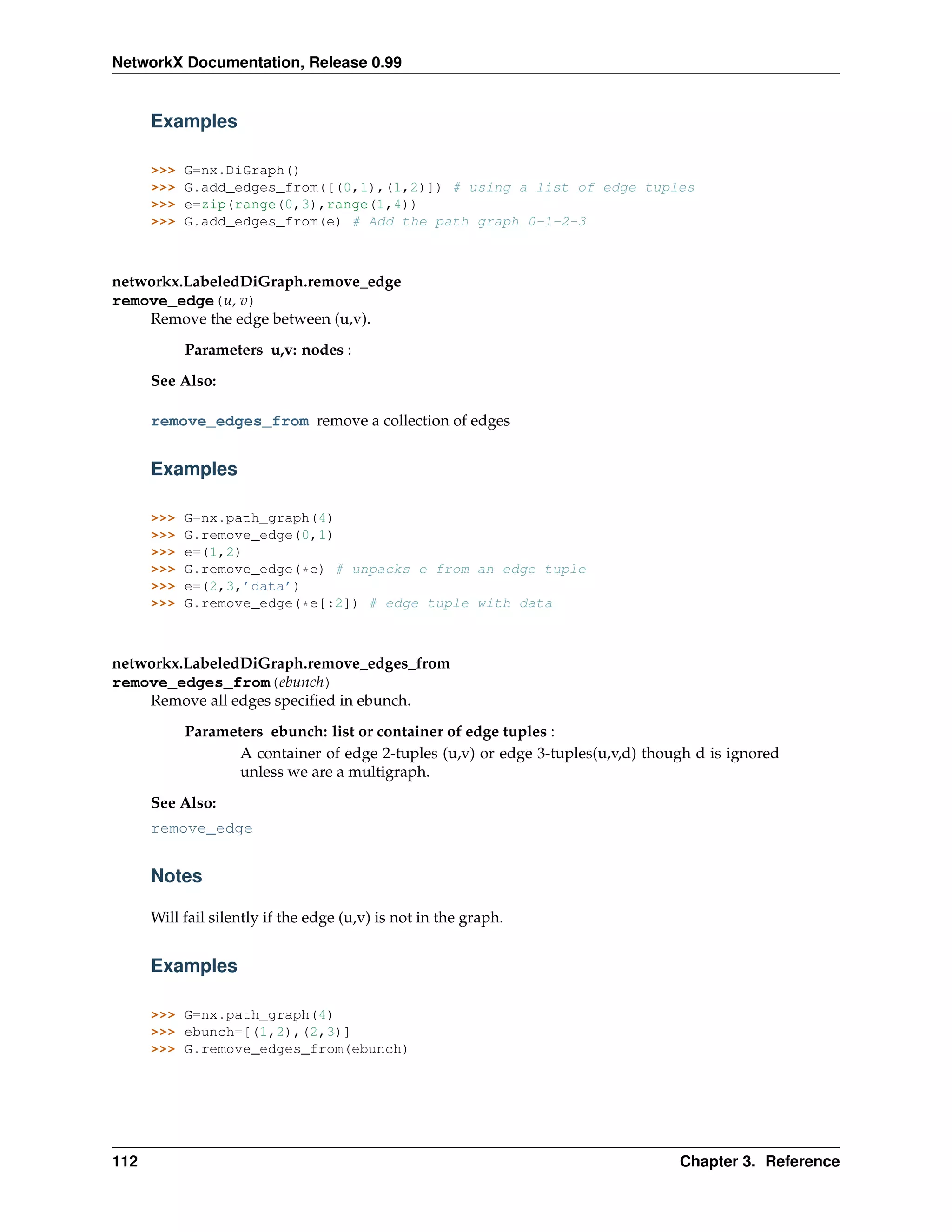 NetworkX Documentation, Release 0.99


      Examples

      >>>   G=nx.DiGraph()
      >>>   G.add_edges_from([(0,1),(1,2)]) # using a list of edge tuples
      >>>   e=zip(range(0,3),range(1,4))
      >>>   G.add_edges_from(e) # Add the path graph 0-1-2-3



networkx.LabeledDiGraph.remove_edge
remove_edge(u, v)
    Remove the edge between (u,v).
            Parameters u,v: nodes :
      See Also:

      remove_edges_from remove a collection of edges


      Examples

      >>>   G=nx.path_graph(4)
      >>>   G.remove_edge(0,1)
      >>>   e=(1,2)
      >>>   G.remove_edge(*e) # unpacks e from an edge tuple
      >>>   e=(2,3,’data’)
      >>>   G.remove_edge(*e[:2]) # edge tuple with data



networkx.LabeledDiGraph.remove_edges_from
remove_edges_from(ebunch)
    Remove all edges speciﬁed in ebunch.
            Parameters ebunch: list or container of edge tuples :
                   A container of edge 2-tuples (u,v) or edge 3-tuples(u,v,d) though d is ignored
                   unless we are a multigraph.
      See Also:
      remove_edge


      Notes

      Will fail silently if the edge (u,v) is not in the graph.


      Examples

      >>> G=nx.path_graph(4)
      >>> ebunch=[(1,2),(2,3)]
      >>> G.remove_edges_from(ebunch)




112                                                                               Chapter 3. Reference
 