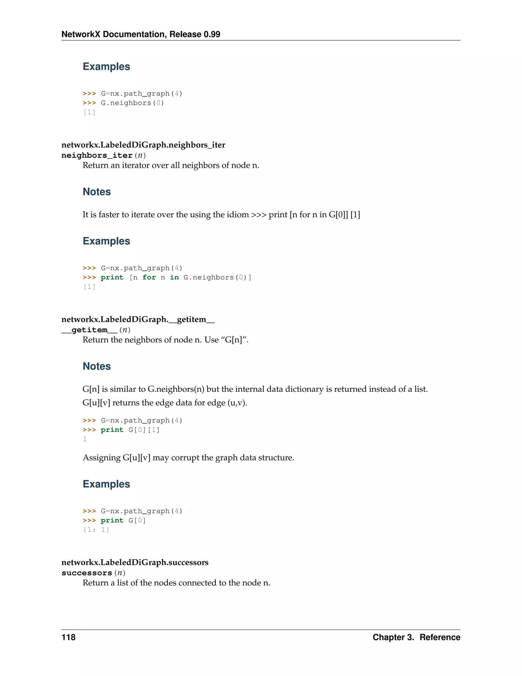 NetworkX Documentation, Release 0.99


      Examples

      >>> G=nx.path_graph(4)
      >>> G.neighbors(0)
      [1]



networkx.LabeledDiGraph.neighbors_iter
neighbors_iter(n)
    Return an iterator over all neighbors of node n.


      Notes

      It is faster to iterate over the using the idiom >>> print [n for n in G[0]] [1]


      Examples

      >>> G=nx.path_graph(4)
      >>> print [n for n in G.neighbors(0)]
      [1]



networkx.LabeledDiGraph.__getitem__
__getitem__(n)
    Return the neighbors of node n. Use “G[n]”.


      Notes

      G[n] is similar to G.neighbors(n) but the internal data dictionary is returned instead of a list.
      G[u][v] returns the edge data for edge (u,v).

      >>> G=nx.path_graph(4)
      >>> print G[0][1]
      1

      Assigning G[u][v] may corrupt the graph data structure.


      Examples

      >>> G=nx.path_graph(4)
      >>> print G[0]
      {1: 1}



networkx.LabeledDiGraph.successors
successors(n)
    Return a list of the nodes connected to the node n.




118                                                                                      Chapter 3. Reference
 