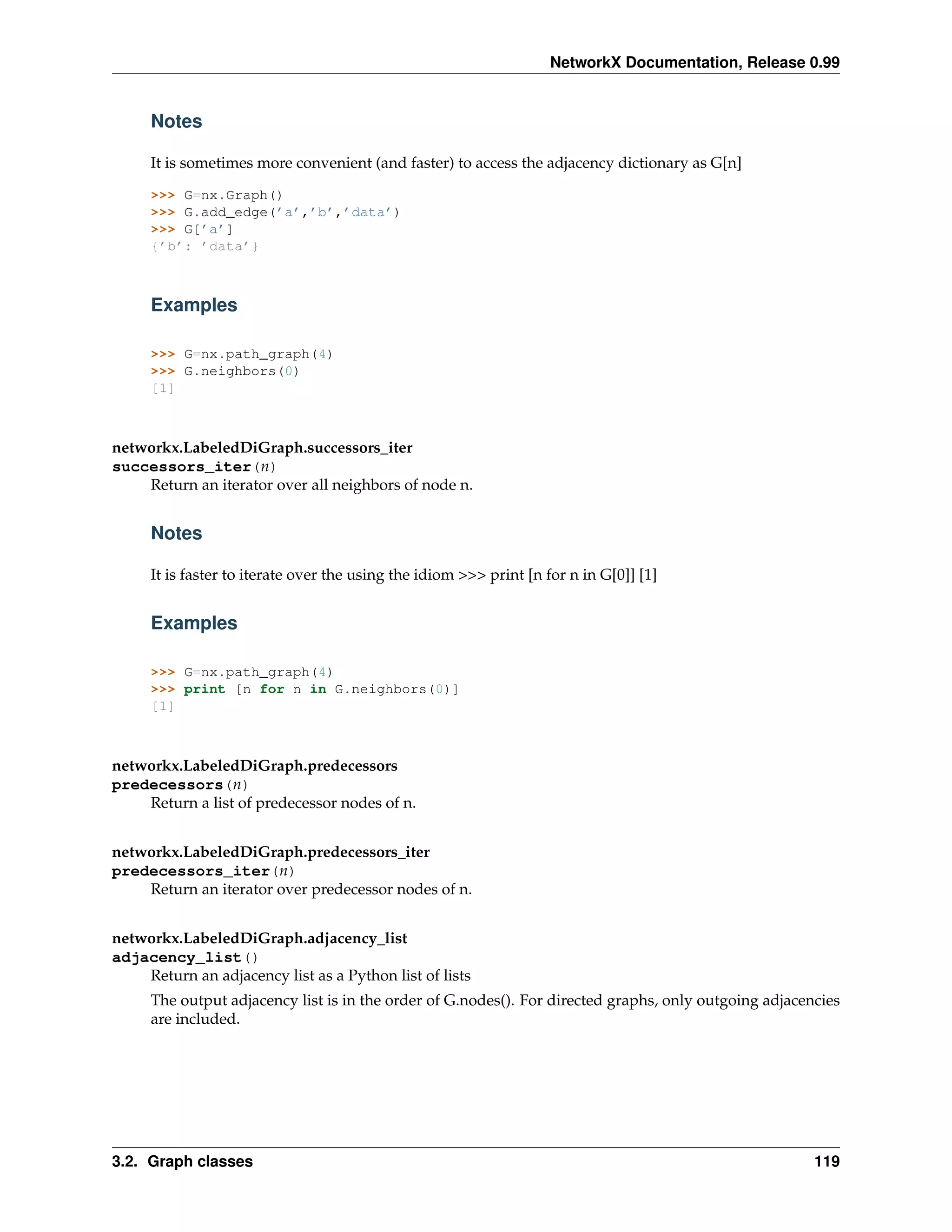 NetworkX Documentation, Release 0.99


     Notes

     It is sometimes more convenient (and faster) to access the adjacency dictionary as G[n]

     >>> G=nx.Graph()
     >>> G.add_edge(’a’,’b’,’data’)
     >>> G[’a’]
     {’b’: ’data’}



     Examples

     >>> G=nx.path_graph(4)
     >>> G.neighbors(0)
     [1]



networkx.LabeledDiGraph.successors_iter
successors_iter(n)
    Return an iterator over all neighbors of node n.


     Notes

     It is faster to iterate over the using the idiom >>> print [n for n in G[0]] [1]


     Examples

     >>> G=nx.path_graph(4)
     >>> print [n for n in G.neighbors(0)]
     [1]



networkx.LabeledDiGraph.predecessors
predecessors(n)
    Return a list of predecessor nodes of n.


networkx.LabeledDiGraph.predecessors_iter
predecessors_iter(n)
    Return an iterator over predecessor nodes of n.


networkx.LabeledDiGraph.adjacency_list
adjacency_list()
    Return an adjacency list as a Python list of lists
     The output adjacency list is in the order of G.nodes(). For directed graphs, only outgoing adjacencies
     are included.




3.2. Graph classes                                                                                     119
 