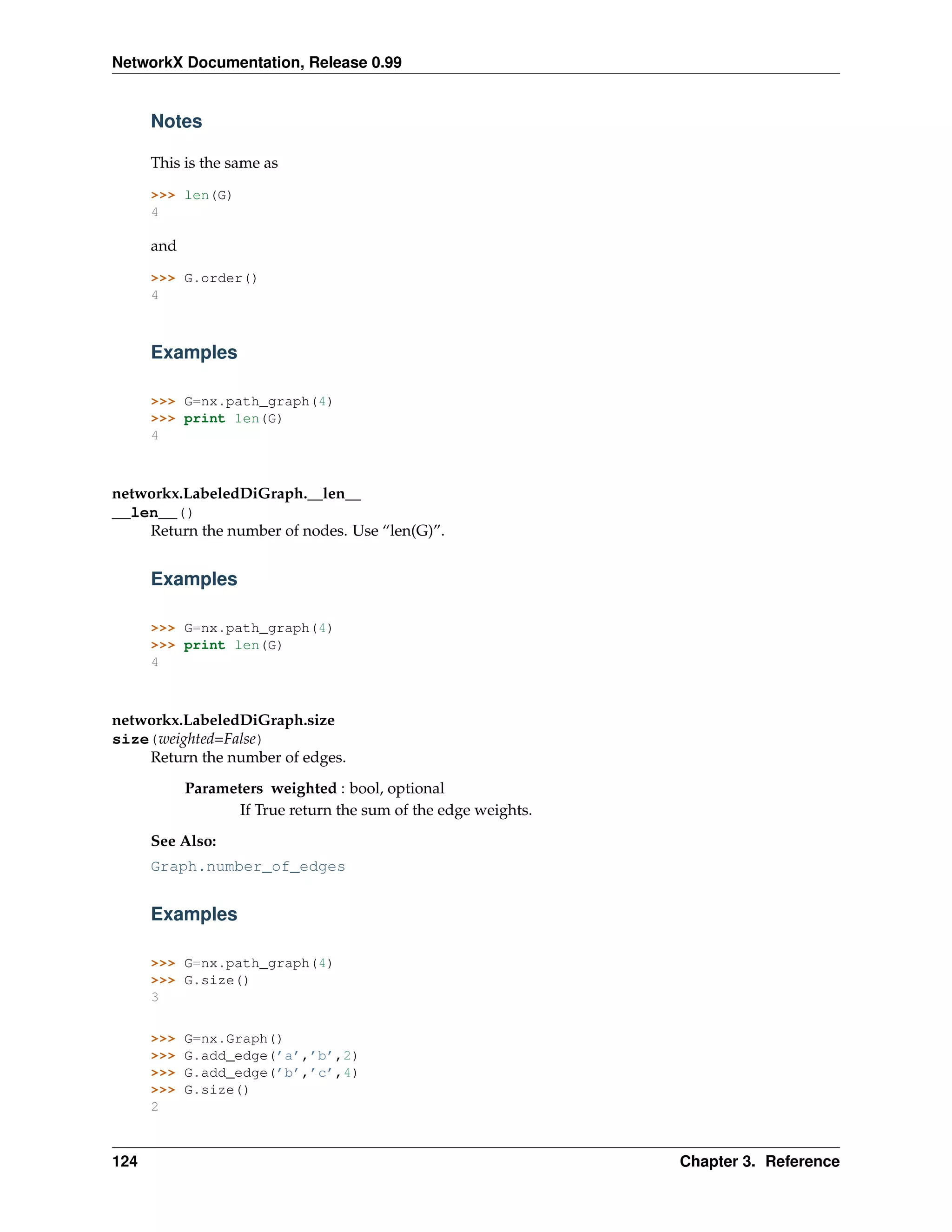 NetworkX Documentation, Release 0.99


      Notes

      This is the same as

      >>> len(G)
      4

      and

      >>> G.order()
      4



      Examples

      >>> G=nx.path_graph(4)
      >>> print len(G)
      4



networkx.LabeledDiGraph.__len__
__len__()
    Return the number of nodes. Use “len(G)”.


      Examples

      >>> G=nx.path_graph(4)
      >>> print len(G)
      4



networkx.LabeledDiGraph.size
size(weighted=False)
    Return the number of edges.
            Parameters weighted : bool, optional
                   If True return the sum of the edge weights.
      See Also:
      Graph.number_of_edges


      Examples

      >>> G=nx.path_graph(4)
      >>> G.size()
      3

      >>>   G=nx.Graph()
      >>>   G.add_edge(’a’,’b’,2)
      >>>   G.add_edge(’b’,’c’,4)
      >>>   G.size()
      2



124                                                              Chapter 3. Reference
 