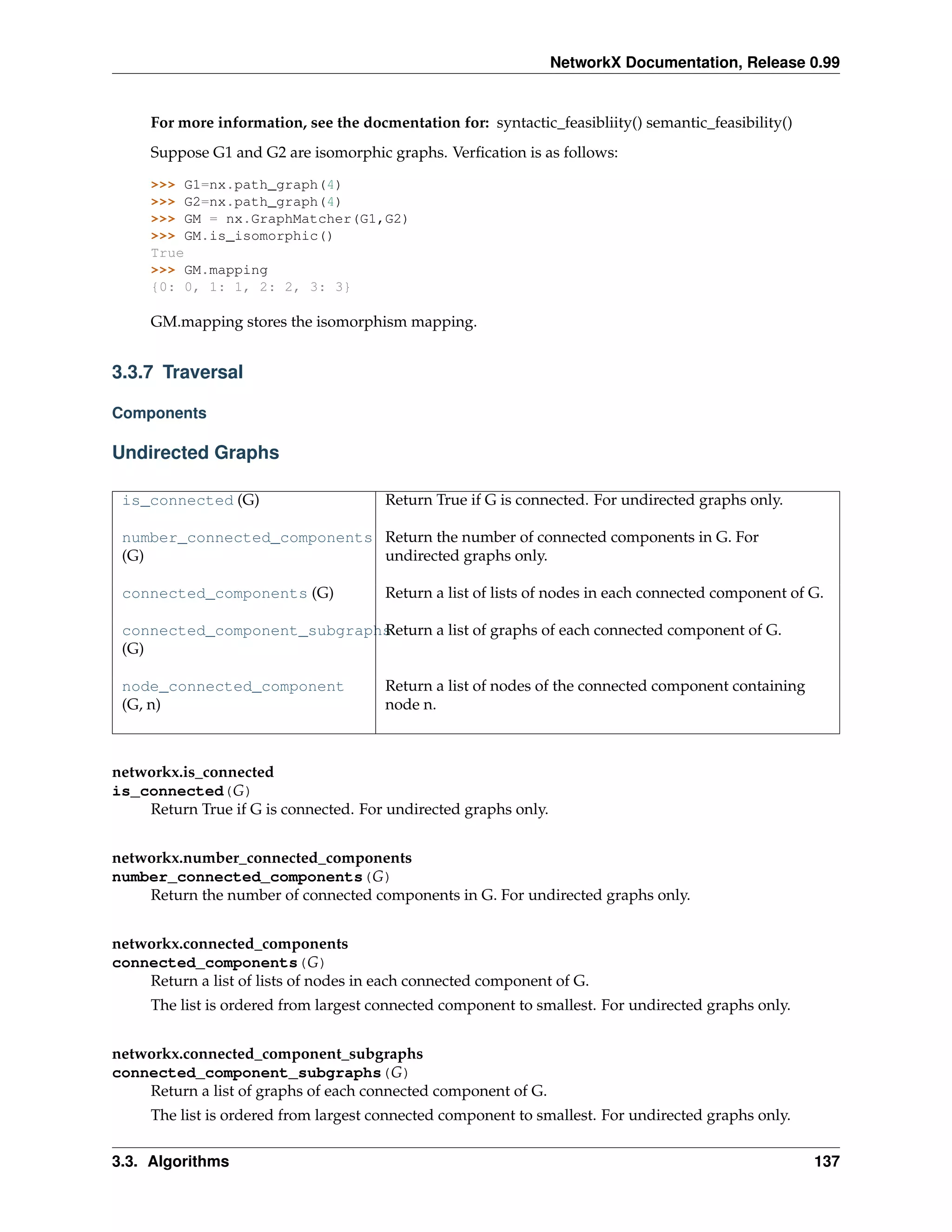 NetworkX Documentation, Release 0.99


     For more information, see the docmentation for: syntactic_feasibliity() semantic_feasibility()
     Suppose G1 and G2 are isomorphic graphs. Verﬁcation is as follows:

     >>> G1=nx.path_graph(4)
     >>> G2=nx.path_graph(4)
     >>> GM = nx.GraphMatcher(G1,G2)
     >>> GM.is_isomorphic()
     True
     >>> GM.mapping
     {0: 0, 1: 1, 2: 2, 3: 3}

     GM.mapping stores the isomorphism mapping.


3.3.7 Traversal

Components

Undirected Graphs

 is_connected (G)                      Return True if G is connected. For undirected graphs only.

 number_connected_components Return the number of connected components in G. For
 (G)                         undirected graphs only.

 connected_components (G)              Return a list of lists of nodes in each connected component of G.

                             Return a list of graphs of each connected component of G.
 connected_component_subgraphs
 (G)

 node_connected_component              Return a list of nodes of the connected component containing
 (G, n)                                node n.



networkx.is_connected
is_connected(G)
    Return True if G is connected. For undirected graphs only.


networkx.number_connected_components
number_connected_components(G)
    Return the number of connected components in G. For undirected graphs only.


networkx.connected_components
connected_components(G)
    Return a list of lists of nodes in each connected component of G.
     The list is ordered from largest connected component to smallest. For undirected graphs only.


networkx.connected_component_subgraphs
connected_component_subgraphs(G)
    Return a list of graphs of each connected component of G.
     The list is ordered from largest connected component to smallest. For undirected graphs only.


3.3. Algorithms                                                                                       137
 