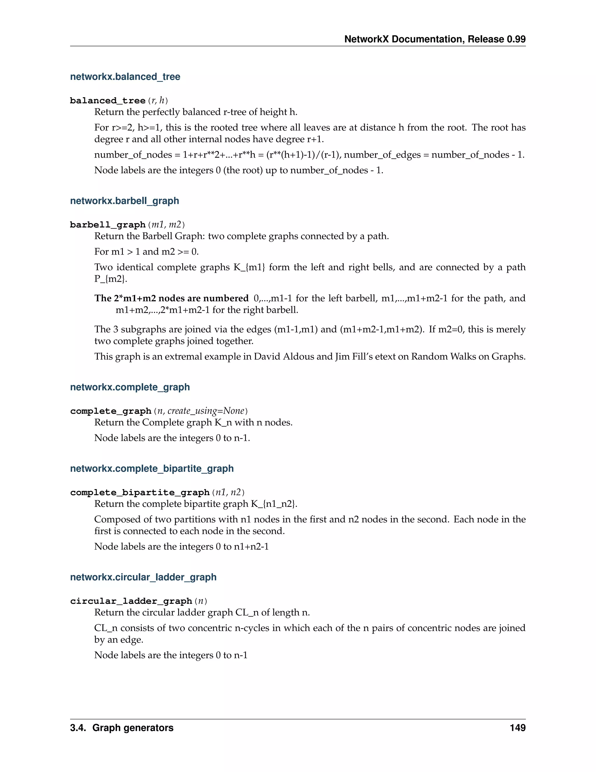 NetworkX Documentation, Release 0.99


networkx.balanced_tree

balanced_tree(r, h)
    Return the perfectly balanced r-tree of height h.
     For r>=2, h>=1, this is the rooted tree where all leaves are at distance h from the root. The root has
     degree r and all other internal nodes have degree r+1.
     number_of_nodes = 1+r+r**2+...+r**h = (r**(h+1)-1)/(r-1), number_of_edges = number_of_nodes - 1.
     Node labels are the integers 0 (the root) up to number_of_nodes - 1.


networkx.barbell_graph

barbell_graph(m1, m2)
    Return the Barbell Graph: two complete graphs connected by a path.
     For m1 > 1 and m2 >= 0.
     Two identical complete graphs K_{m1} form the left and right bells, and are connected by a path
     P_{m2}.

     The 2*m1+m2 nodes are numbered 0,...,m1-1 for the left barbell, m1,...,m1+m2-1 for the path, and
         m1+m2,...,2*m1+m2-1 for the right barbell.
     The 3 subgraphs are joined via the edges (m1-1,m1) and (m1+m2-1,m1+m2). If m2=0, this is merely
     two complete graphs joined together.
     This graph is an extremal example in David Aldous and Jim Fill’s etext on Random Walks on Graphs.


networkx.complete_graph

complete_graph(n, create_using=None)
    Return the Complete graph K_n with n nodes.
     Node labels are the integers 0 to n-1.


networkx.complete_bipartite_graph

complete_bipartite_graph(n1, n2)
    Return the complete bipartite graph K_{n1_n2}.
     Composed of two partitions with n1 nodes in the ﬁrst and n2 nodes in the second. Each node in the
     ﬁrst is connected to each node in the second.
     Node labels are the integers 0 to n1+n2-1


networkx.circular_ladder_graph

circular_ladder_graph(n)
    Return the circular ladder graph CL_n of length n.
     CL_n consists of two concentric n-cycles in which each of the n pairs of concentric nodes are joined
     by an edge.
     Node labels are the integers 0 to n-1




3.4. Graph generators                                                                                  149
 