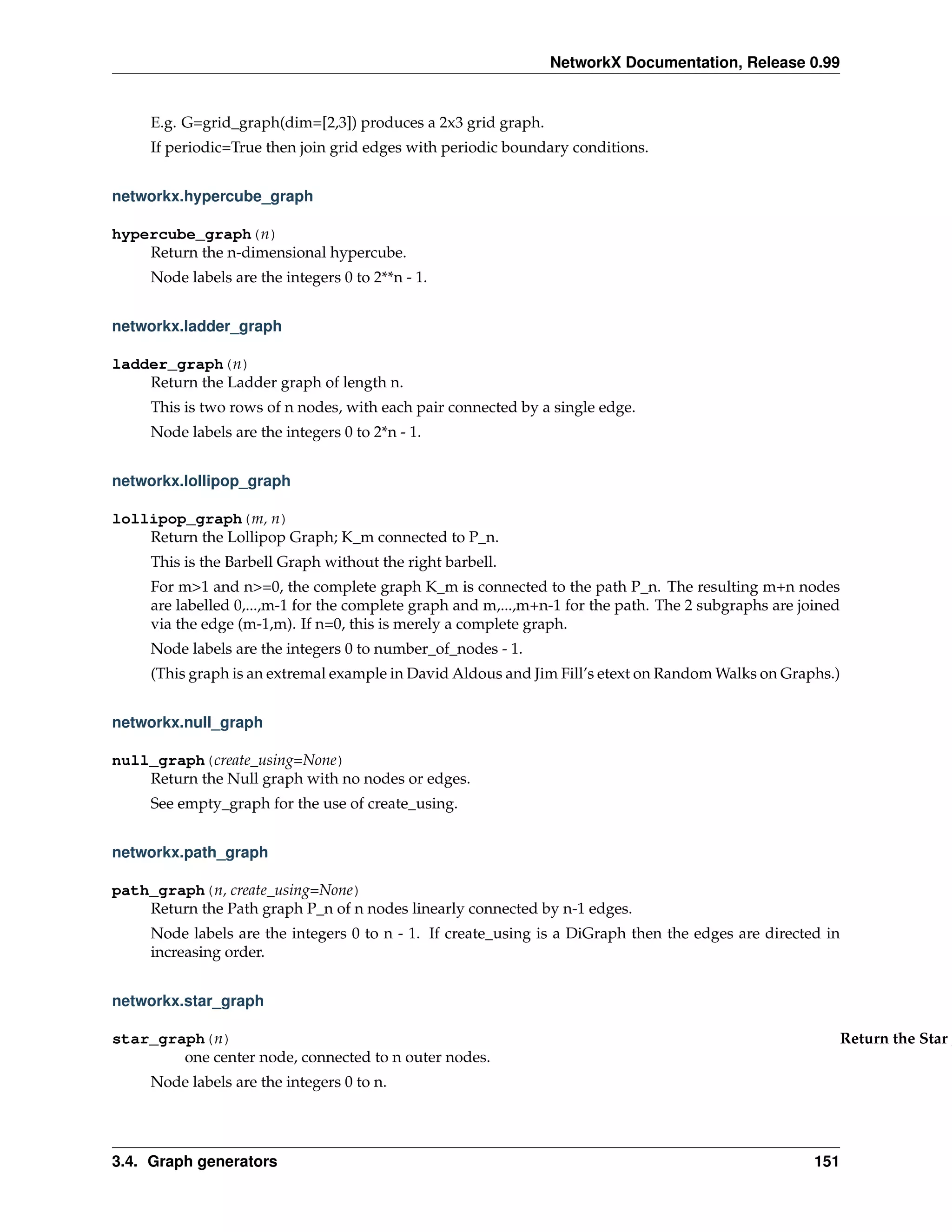 NetworkX Documentation, Release 0.99


     E.g. G=grid_graph(dim=[2,3]) produces a 2x3 grid graph.
     If periodic=True then join grid edges with periodic boundary conditions.


networkx.hypercube_graph

hypercube_graph(n)
    Return the n-dimensional hypercube.
     Node labels are the integers 0 to 2**n - 1.


networkx.ladder_graph

ladder_graph(n)
    Return the Ladder graph of length n.
     This is two rows of n nodes, with each pair connected by a single edge.
     Node labels are the integers 0 to 2*n - 1.


networkx.lollipop_graph

lollipop_graph(m, n)
    Return the Lollipop Graph; K_m connected to P_n.
     This is the Barbell Graph without the right barbell.
     For m>1 and n>=0, the complete graph K_m is connected to the path P_n. The resulting m+n nodes
     are labelled 0,...,m-1 for the complete graph and m,...,m+n-1 for the path. The 2 subgraphs are joined
     via the edge (m-1,m). If n=0, this is merely a complete graph.
     Node labels are the integers 0 to number_of_nodes - 1.
     (This graph is an extremal example in David Aldous and Jim Fill’s etext on Random Walks on Graphs.)


networkx.null_graph

null_graph(create_using=None)
    Return the Null graph with no nodes or edges.
     See empty_graph for the use of create_using.


networkx.path_graph

path_graph(n, create_using=None)
    Return the Path graph P_n of n nodes linearly connected by n-1 edges.
     Node labels are the integers 0 to n - 1. If create_using is a DiGraph then the edges are directed in
     increasing order.


networkx.star_graph

star_graph(n)                                                                                             Return the Star g
        one center node, connected to n outer nodes.
     Node labels are the integers 0 to n.




3.4. Graph generators                                                                                  151
 