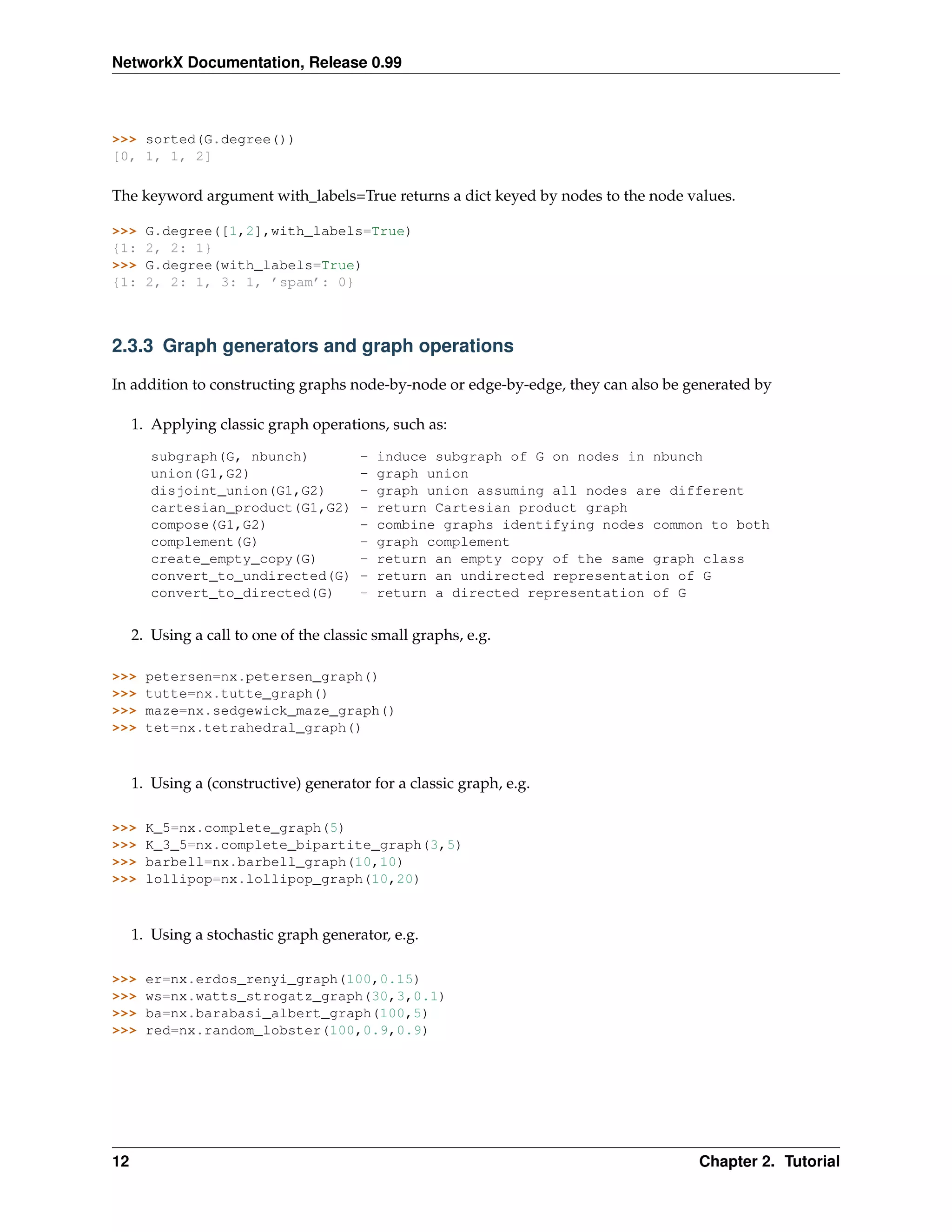 NetworkX Documentation, Release 0.99



>>> sorted(G.degree())
[0, 1, 1, 2]

The keyword argument with_labels=True returns a dict keyed by nodes to the node values.

>>>    G.degree([1,2],with_labels=True)
{1:    2, 2: 1}
>>>    G.degree(with_labels=True)
{1:    2, 2: 1, 3: 1, ’spam’: 0}



2.3.3 Graph generators and graph operations

In addition to constructing graphs node-by-node or edge-by-edge, they can also be generated by

     1. Applying classic graph operations, such as:

        subgraph(G, nbunch)             -   induce subgraph of G on nodes in nbunch
        union(G1,G2)                    -   graph union
        disjoint_union(G1,G2)           -   graph union assuming all nodes are different
        cartesian_product(G1,G2)        -   return Cartesian product graph
        compose(G1,G2)                  -   combine graphs identifying nodes common to both
        complement(G)                   -   graph complement
        create_empty_copy(G)            -   return an empty copy of the same graph class
        convert_to_undirected(G)        -   return an undirected representation of G
        convert_to_directed(G)          -   return a directed representation of G


     2. Using a call to one of the classic small graphs, e.g.

>>>    petersen=nx.petersen_graph()
>>>    tutte=nx.tutte_graph()
>>>    maze=nx.sedgewick_maze_graph()
>>>    tet=nx.tetrahedral_graph()



     1. Using a (constructive) generator for a classic graph, e.g.

>>>    K_5=nx.complete_graph(5)
>>>    K_3_5=nx.complete_bipartite_graph(3,5)
>>>    barbell=nx.barbell_graph(10,10)
>>>    lollipop=nx.lollipop_graph(10,20)



     1. Using a stochastic graph generator, e.g.

>>>    er=nx.erdos_renyi_graph(100,0.15)
>>>    ws=nx.watts_strogatz_graph(30,3,0.1)
>>>    ba=nx.barabasi_albert_graph(100,5)
>>>    red=nx.random_lobster(100,0.9,0.9)




12                                                                                 Chapter 2. Tutorial
 