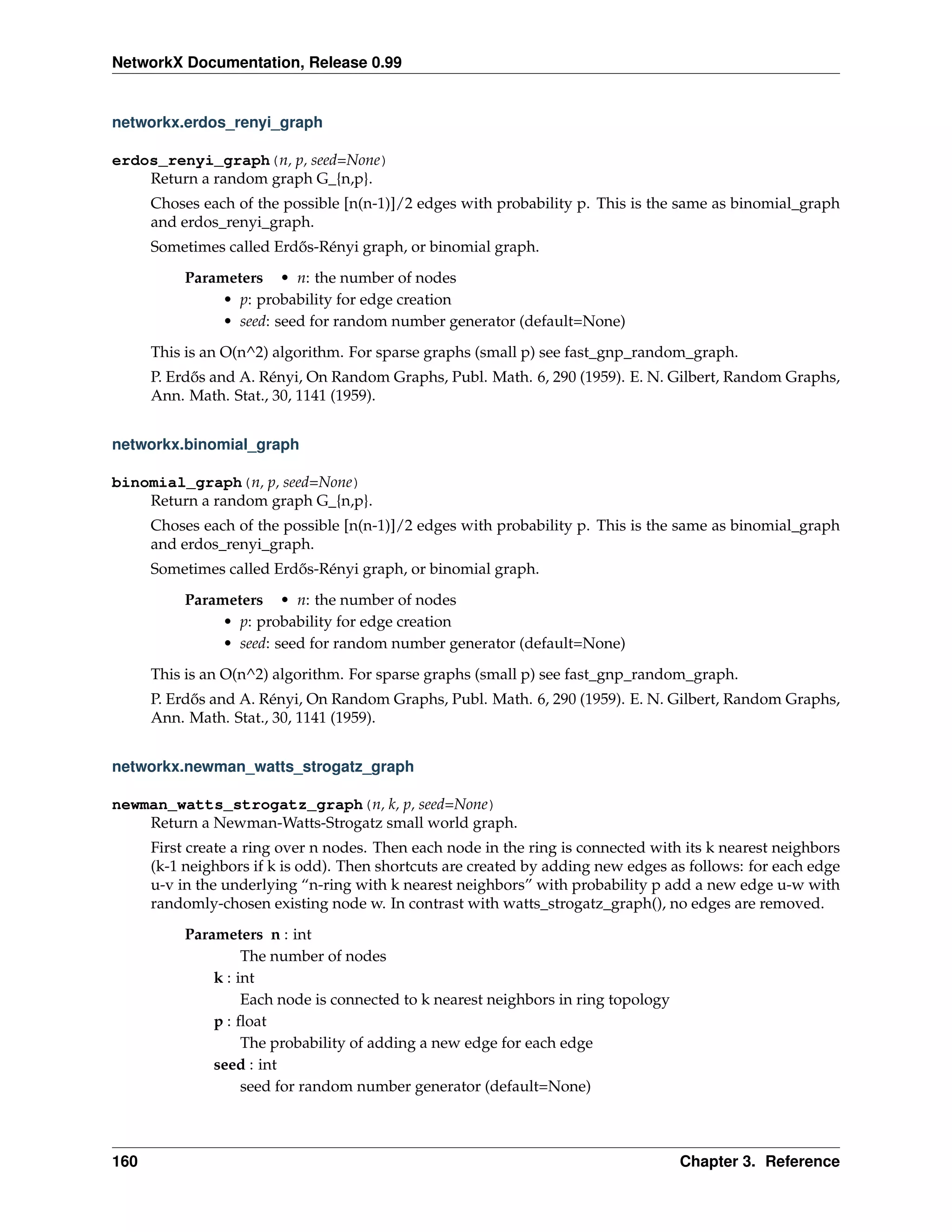 NetworkX Documentation, Release 0.99


networkx.erdos_renyi_graph

erdos_renyi_graph(n, p, seed=None)
    Return a random graph G_{n,p}.
      Choses each of the possible [n(n-1)]/2 edges with probability p. This is the same as binomial_graph
      and erdos_renyi_graph.
      Sometimes called Erd˝ s-Rényi graph, or binomial graph.
                          o
           Parameters • n: the number of nodes
                • p: probability for edge creation
                • seed: seed for random number generator (default=None)
      This is an O(n^2) algorithm. For sparse graphs (small p) see fast_gnp_random_graph.
      P. Erd˝ s and A. Rényi, On Random Graphs, Publ. Math. 6, 290 (1959). E. N. Gilbert, Random Graphs,
            o
      Ann. Math. Stat., 30, 1141 (1959).


networkx.binomial_graph

binomial_graph(n, p, seed=None)
    Return a random graph G_{n,p}.
      Choses each of the possible [n(n-1)]/2 edges with probability p. This is the same as binomial_graph
      and erdos_renyi_graph.
      Sometimes called Erd˝ s-Rényi graph, or binomial graph.
                          o
           Parameters • n: the number of nodes
                • p: probability for edge creation
                • seed: seed for random number generator (default=None)

      This is an O(n^2) algorithm. For sparse graphs (small p) see fast_gnp_random_graph.
      P. Erd˝ s and A. Rényi, On Random Graphs, Publ. Math. 6, 290 (1959). E. N. Gilbert, Random Graphs,
            o
      Ann. Math. Stat., 30, 1141 (1959).


networkx.newman_watts_strogatz_graph

newman_watts_strogatz_graph(n, k, p, seed=None)
    Return a Newman-Watts-Strogatz small world graph.
      First create a ring over n nodes. Then each node in the ring is connected with its k nearest neighbors
      (k-1 neighbors if k is odd). Then shortcuts are created by adding new edges as follows: for each edge
      u-v in the underlying “n-ring with k nearest neighbors” with probability p add a new edge u-w with
      randomly-chosen existing node w. In contrast with watts_strogatz_graph(), no edges are removed.
           Parameters n : int
                    The number of nodes
               k : int
                    Each node is connected to k nearest neighbors in ring topology
               p : ﬂoat
                    The probability of adding a new edge for each edge
               seed : int
                    seed for random number generator (default=None)



160                                                                                  Chapter 3. Reference
 