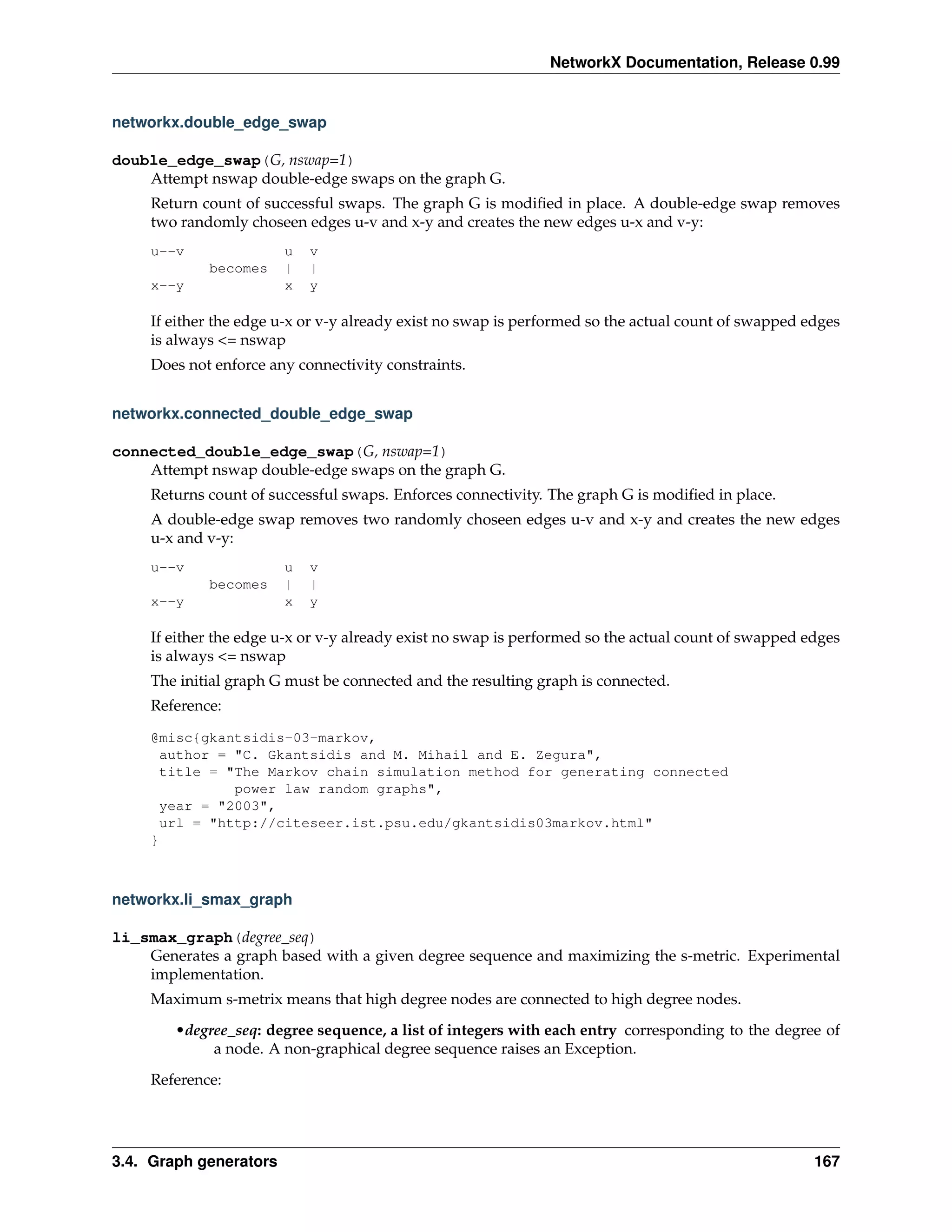 NetworkX Documentation, Release 0.99


networkx.double_edge_swap

double_edge_swap(G, nswap=1)
    Attempt nswap double-edge swaps on the graph G.
     Return count of successful swaps. The graph G is modiﬁed in place. A double-edge swap removes
     two randomly choseen edges u-v and x-y and creates the new edges u-x and v-y:
     u--v               u   v
             becomes    |   |
     x--y               x   y

     If either the edge u-x or v-y already exist no swap is performed so the actual count of swapped edges
     is always <= nswap
     Does not enforce any connectivity constraints.


networkx.connected_double_edge_swap

connected_double_edge_swap(G, nswap=1)
    Attempt nswap double-edge swaps on the graph G.
     Returns count of successful swaps. Enforces connectivity. The graph G is modiﬁed in place.
     A double-edge swap removes two randomly choseen edges u-v and x-y and creates the new edges
     u-x and v-y:
     u--v               u   v
             becomes    |   |
     x--y               x   y

     If either the edge u-x or v-y already exist no swap is performed so the actual count of swapped edges
     is always <= nswap
     The initial graph G must be connected and the resulting graph is connected.
     Reference:

     @misc{gkantsidis-03-markov,
      author = "C. Gkantsidis and M. Mihail and E. Zegura",
      title = "The Markov chain simulation method for generating connected
               power law random graphs",
      year = "2003",
      url = "http://citeseer.ist.psu.edu/gkantsidis03markov.html"
     }



networkx.li_smax_graph

li_smax_graph(degree_seq)
    Generates a graph based with a given degree sequence and maximizing the s-metric. Experimental
    implementation.
     Maximum s-metrix means that high degree nodes are connected to high degree nodes.
        •degree_seq: degree sequence, a list of integers with each entry corresponding to the degree of
             a node. A non-graphical degree sequence raises an Exception.

     Reference:




3.4. Graph generators                                                                                 167
 