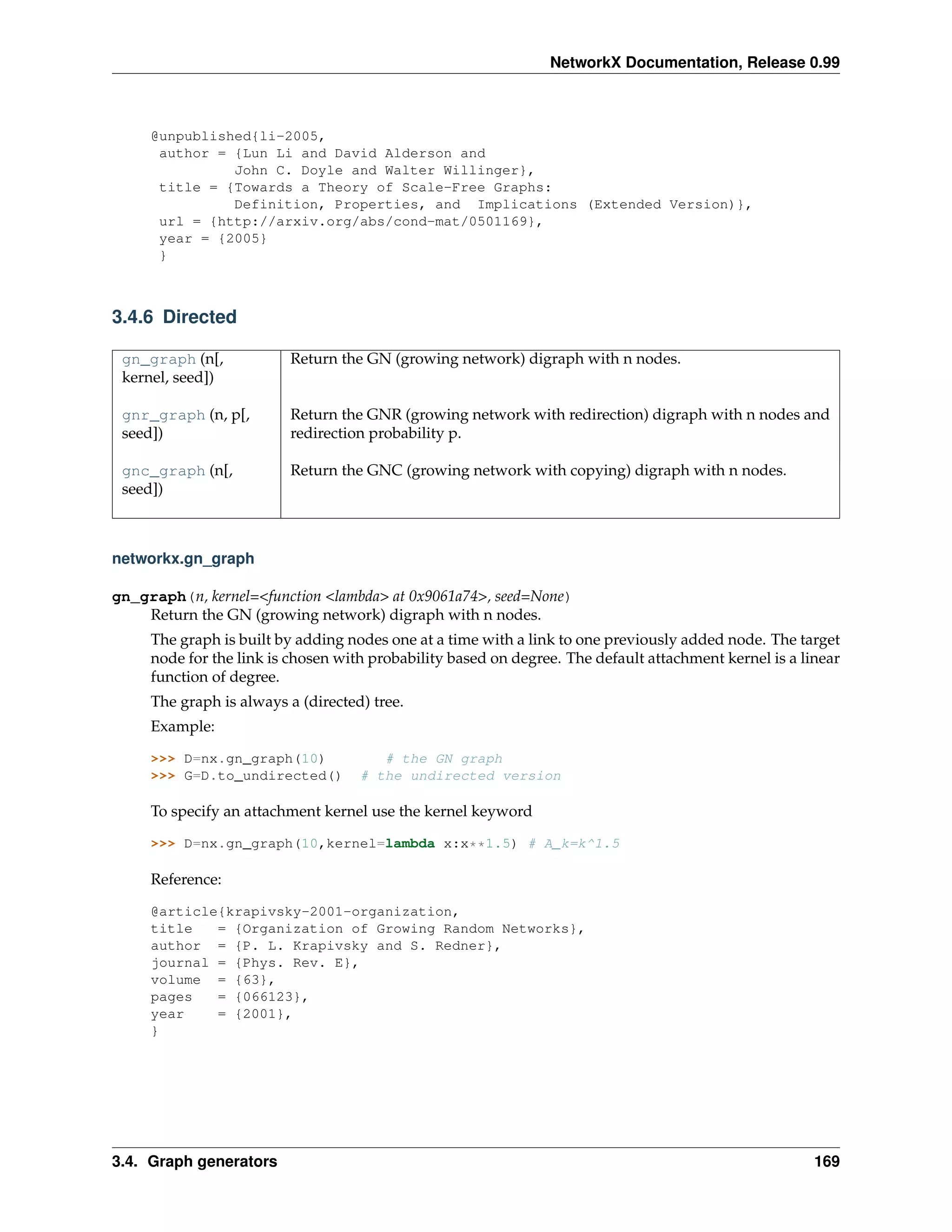 NetworkX Documentation, Release 0.99



     @unpublished{li-2005,
      author = {Lun Li and David Alderson and
               John C. Doyle and Walter Willinger},
      title = {Towards a Theory of Scale-Free Graphs:
               Definition, Properties, and Implications (Extended Version)},
      url = {http://arxiv.org/abs/cond-mat/0501169},
      year = {2005}
      }



3.4.6 Directed

 gn_graph (n[,           Return the GN (growing network) digraph with n nodes.
 kernel, seed])

 gnr_graph (n, p[,       Return the GNR (growing network with redirection) digraph with n nodes and
 seed])                  redirection probability p.

 gnc_graph (n[,          Return the GNC (growing network with copying) digraph with n nodes.
 seed])



networkx.gn_graph

gn_graph(n, kernel=<function <lambda> at 0x9061a74>, seed=None)
    Return the GN (growing network) digraph with n nodes.
     The graph is built by adding nodes one at a time with a link to one previously added node. The target
     node for the link is chosen with probability based on degree. The default attachment kernel is a linear
     function of degree.
     The graph is always a (directed) tree.
     Example:

     >>> D=nx.gn_graph(10)             # the GN graph
     >>> G=D.to_undirected()        # the undirected version

     To specify an attachment kernel use the kernel keyword

     >>> D=nx.gn_graph(10,kernel=lambda x:x**1.5) # A_k=k^1.5

     Reference:

     @article{krapivsky-2001-organization,
     title   = {Organization of Growing Random Networks},
     author = {P. L. Krapivsky and S. Redner},
     journal = {Phys. Rev. E},
     volume = {63},
     pages   = {066123},
     year    = {2001},
     }




3.4. Graph generators                                                                                   169
 