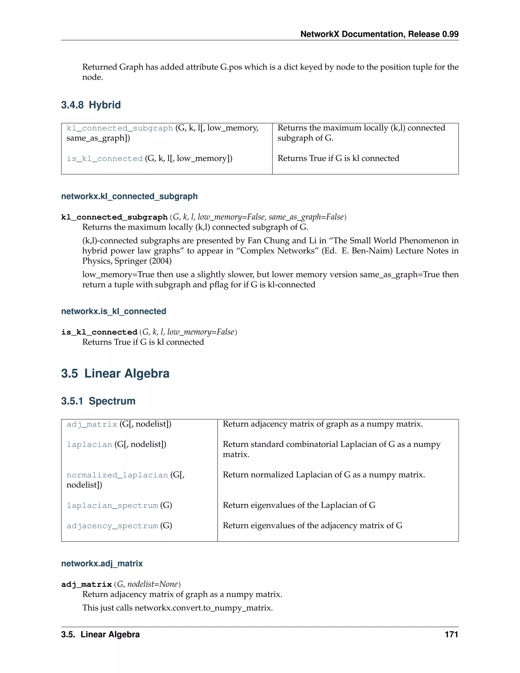 NetworkX Documentation, Release 0.99


     Returned Graph has added attribute G.pos which is a dict keyed by node to the position tuple for the
     node.


3.4.8 Hybrid

 kl_connected_subgraph (G, k, l[, low_memory,            Returns the maximum locally (k,l) connected
 same_as_graph])                                         subgraph of G.

 is_kl_connected (G, k, l[, low_memory])                 Returns True if G is kl connected



networkx.kl_connected_subgraph

kl_connected_subgraph(G, k, l, low_memory=False, same_as_graph=False)
    Returns the maximum locally (k,l) connected subgraph of G.
     (k,l)-connected subgraphs are presented by Fan Chung and Li in “The Small World Phenomenon in
     hybrid power law graphs” to appear in “Complex Networks” (Ed. E. Ben-Naim) Lecture Notes in
     Physics, Springer (2004)
     low_memory=True then use a slightly slower, but lower memory version same_as_graph=True then
     return a tuple with subgraph and pﬂag for if G is kl-connected


networkx.is_kl_connected

is_kl_connected(G, k, l, low_memory=False)
    Returns True if G is kl connected


3.5 Linear Algebra

3.5.1 Spectrum

 adj_matrix (G[, nodelist])               Return adjacency matrix of graph as a numpy matrix.

 laplacian (G[, nodelist])                Return standard combinatorial Laplacian of G as a numpy
                                          matrix.

 normalized_laplacian (G[,                Return normalized Laplacian of G as a numpy matrix.
 nodelist])

 laplacian_spectrum (G)                   Return eigenvalues of the Laplacian of G

 adjacency_spectrum (G)                   Return eigenvalues of the adjacency matrix of G



networkx.adj_matrix

adj_matrix(G, nodelist=None)
    Return adjacency matrix of graph as a numpy matrix.
     This just calls networkx.convert.to_numpy_matrix.


3.5. Linear Algebra                                                                                  171
 