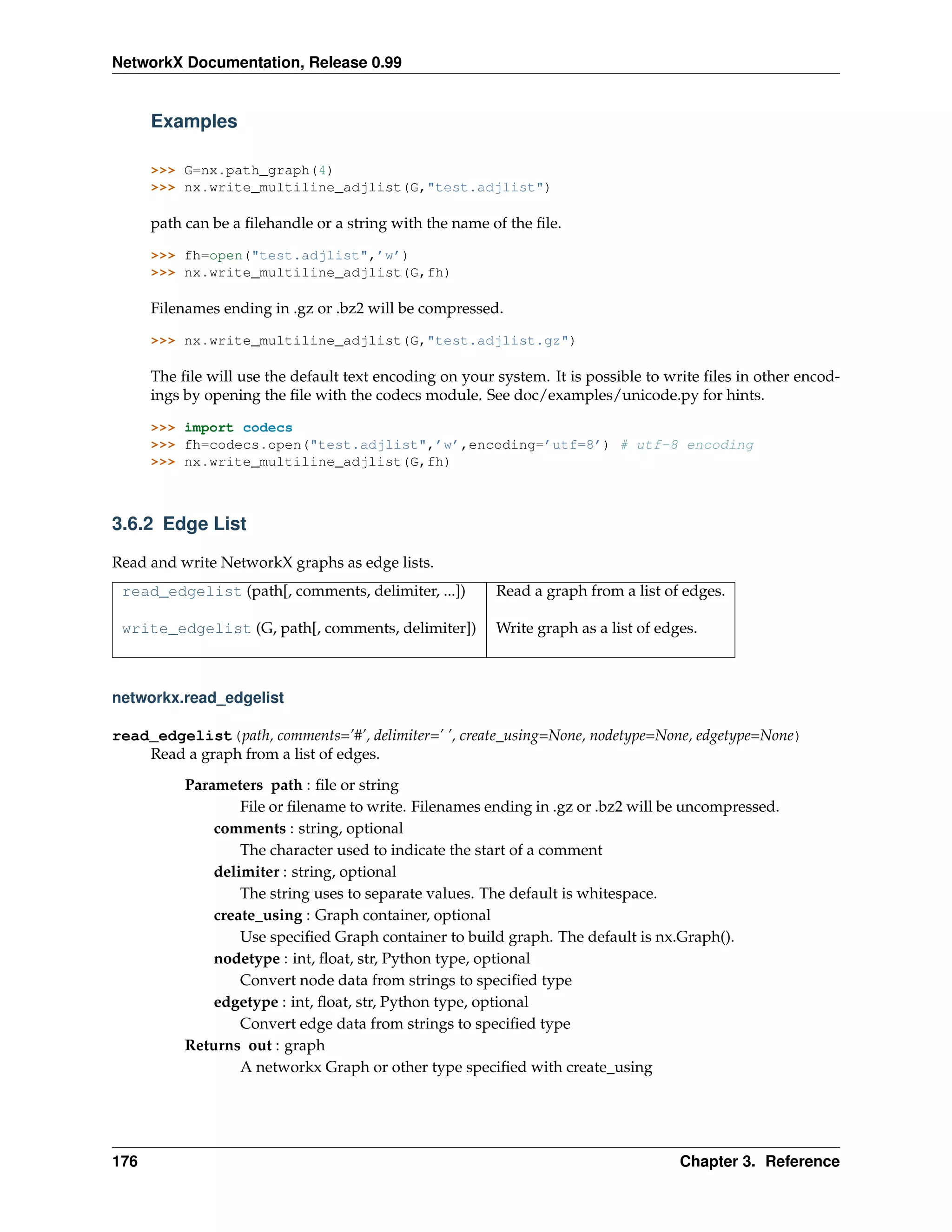 NetworkX Documentation, Release 0.99


      Examples

      >>> G=nx.path_graph(4)
      >>> nx.write_multiline_adjlist(G,"test.adjlist")

      path can be a ﬁlehandle or a string with the name of the ﬁle.

      >>> fh=open("test.adjlist",’w’)
      >>> nx.write_multiline_adjlist(G,fh)

      Filenames ending in .gz or .bz2 will be compressed.

      >>> nx.write_multiline_adjlist(G,"test.adjlist.gz")

      The ﬁle will use the default text encoding on your system. It is possible to write ﬁles in other encod-
      ings by opening the ﬁle with the codecs module. See doc/examples/unicode.py for hints.

      >>> import codecs
      >>> fh=codecs.open("test.adjlist",’w’,encoding=’utf=8’) # utf-8 encoding
      >>> nx.write_multiline_adjlist(G,fh)



3.6.2 Edge List

Read and write NetworkX graphs as edge lists.
 read_edgelist (path[, comments, delimiter, ...])        Read a graph from a list of edges.

 write_edgelist (G, path[, comments, delimiter])         Write graph as a list of edges.



networkx.read_edgelist

read_edgelist(path, comments=’#’, delimiter=’ ’, create_using=None, nodetype=None, edgetype=None)
    Read a graph from a list of edges.
           Parameters path : ﬁle or string
                   File or ﬁlename to write. Filenames ending in .gz or .bz2 will be uncompressed.
               comments : string, optional
                   The character used to indicate the start of a comment
               delimiter : string, optional
                   The string uses to separate values. The default is whitespace.
               create_using : Graph container, optional
                   Use speciﬁed Graph container to build graph. The default is nx.Graph().
               nodetype : int, ﬂoat, str, Python type, optional
                   Convert node data from strings to speciﬁed type
               edgetype : int, ﬂoat, str, Python type, optional
                   Convert edge data from strings to speciﬁed type
           Returns out : graph
                   A networkx Graph or other type speciﬁed with create_using




176                                                                                  Chapter 3. Reference
 