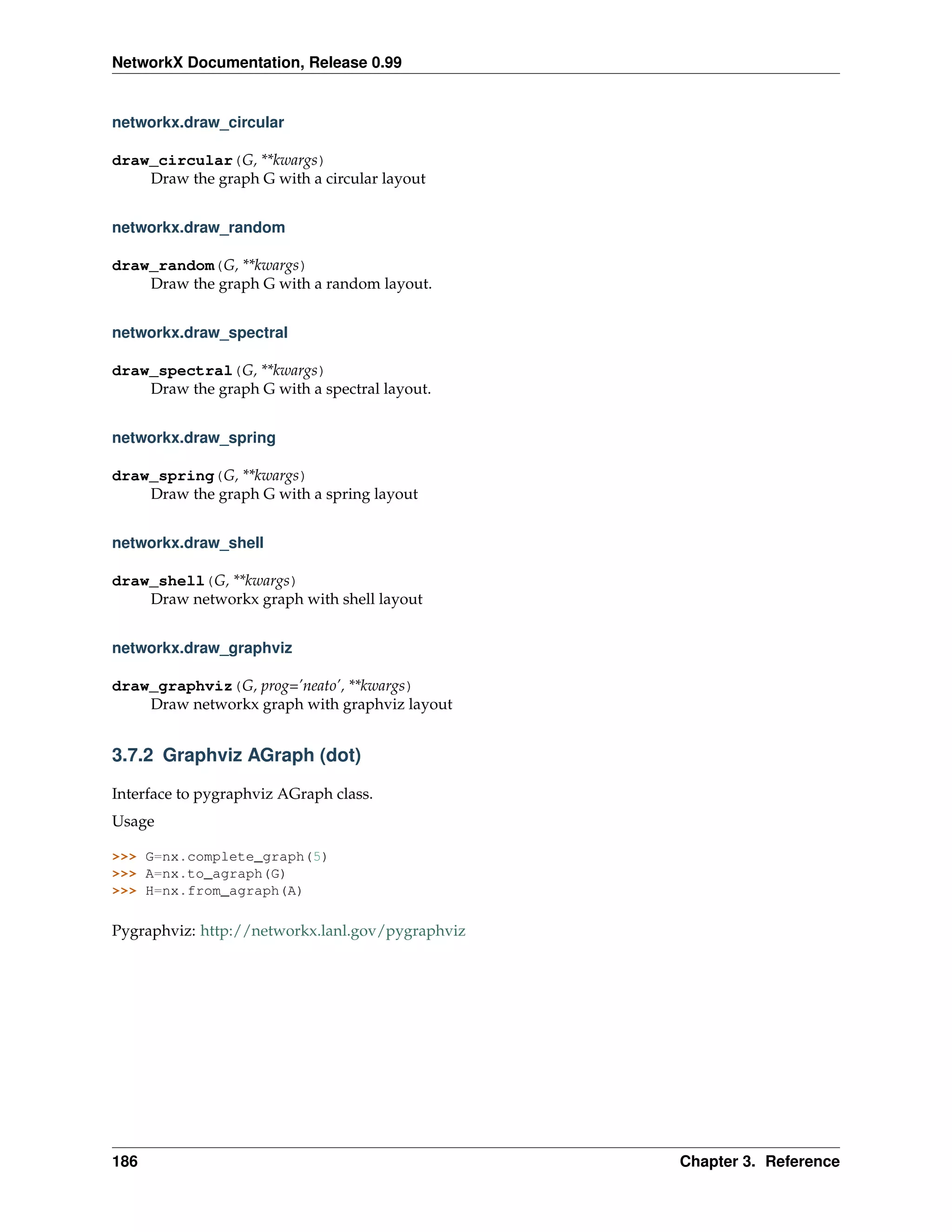 NetworkX Documentation, Release 0.99


networkx.draw_circular

draw_circular(G, **kwargs)
    Draw the graph G with a circular layout


networkx.draw_random

draw_random(G, **kwargs)
    Draw the graph G with a random layout.


networkx.draw_spectral

draw_spectral(G, **kwargs)
    Draw the graph G with a spectral layout.


networkx.draw_spring

draw_spring(G, **kwargs)
    Draw the graph G with a spring layout


networkx.draw_shell

draw_shell(G, **kwargs)
    Draw networkx graph with shell layout


networkx.draw_graphviz

draw_graphviz(G, prog=’neato’, **kwargs)
    Draw networkx graph with graphviz layout


3.7.2 Graphviz AGraph (dot)

Interface to pygraphviz AGraph class.
Usage

>>> G=nx.complete_graph(5)
>>> A=nx.to_agraph(G)
>>> H=nx.from_agraph(A)

Pygraphviz: http://networkx.lanl.gov/pygraphviz




186                                               Chapter 3. Reference
 