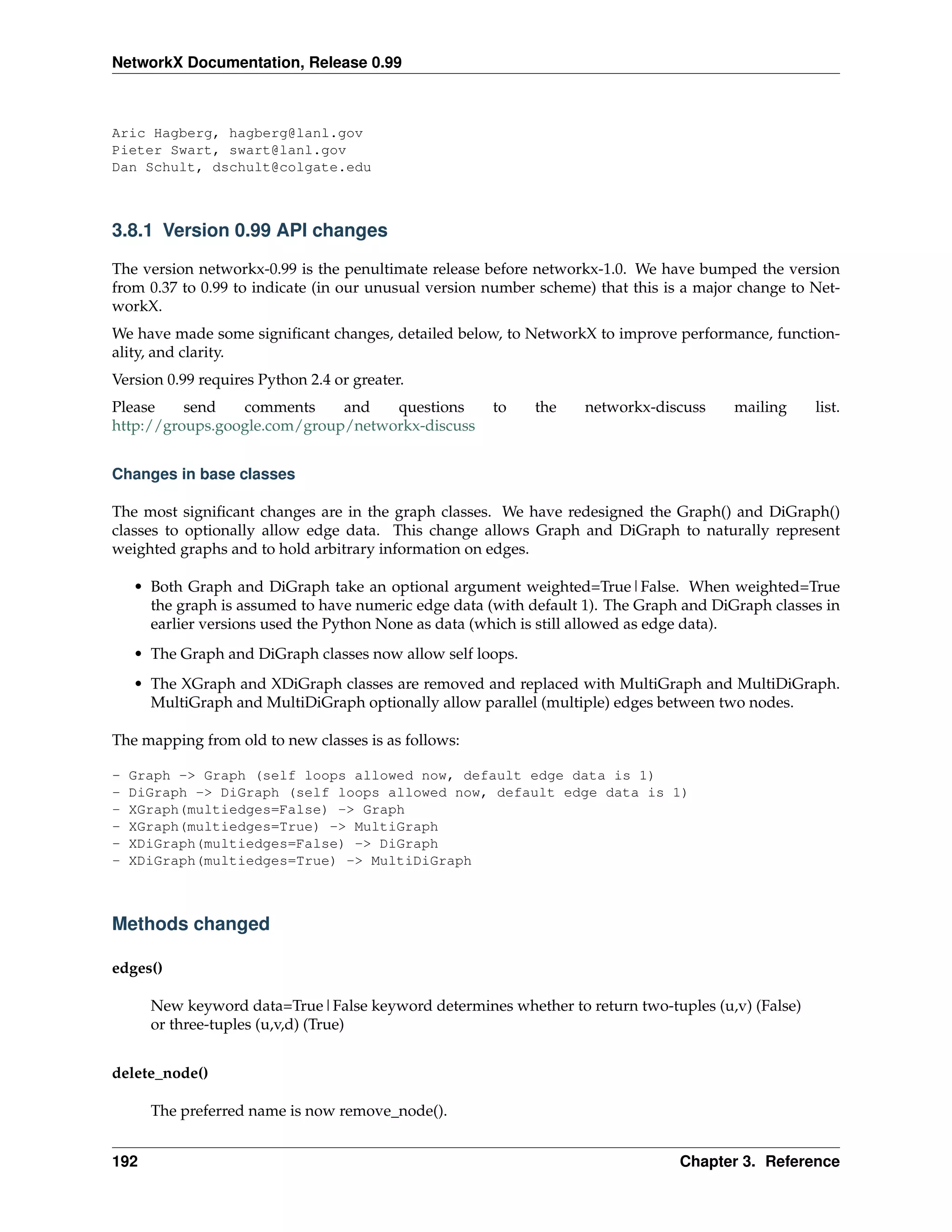 NetworkX Documentation, Release 0.99



Aric Hagberg, hagberg@lanl.gov
Pieter Swart, swart@lanl.gov
Dan Schult, dschult@colgate.edu



3.8.1 Version 0.99 API changes

The version networkx-0.99 is the penultimate release before networkx-1.0. We have bumped the version
from 0.37 to 0.99 to indicate (in our unusual version number scheme) that this is a major change to Net-
workX.
We have made some signiﬁcant changes, detailed below, to NetworkX to improve performance, function-
ality, and clarity.
Version 0.99 requires Python 2.4 or greater.
Please    send   comments     and   questions         to    the    networkx-discuss     mailing     list.
http://groups.google.com/group/networkx-discuss


Changes in base classes

The most signiﬁcant changes are in the graph classes. We have redesigned the Graph() and DiGraph()
classes to optionally allow edge data. This change allows Graph and DiGraph to naturally represent
weighted graphs and to hold arbitrary information on edges.

    • Both Graph and DiGraph take an optional argument weighted=True|False. When weighted=True
      the graph is assumed to have numeric edge data (with default 1). The Graph and DiGraph classes in
      earlier versions used the Python None as data (which is still allowed as edge data).
    • The Graph and DiGraph classes now allow self loops.
    • The XGraph and XDiGraph classes are removed and replaced with MultiGraph and MultiDiGraph.
      MultiGraph and MultiDiGraph optionally allow parallel (multiple) edges between two nodes.

The mapping from old to new classes is as follows:

-   Graph -> Graph (self loops allowed now, default edge data is 1)
-   DiGraph -> DiGraph (self loops allowed now, default edge data is 1)
-   XGraph(multiedges=False) -> Graph
-   XGraph(multiedges=True) -> MultiGraph
-   XDiGraph(multiedges=False) -> DiGraph
-   XDiGraph(multiedges=True) -> MultiDiGraph



Methods changed

edges()

      New keyword data=True|False keyword determines whether to return two-tuples (u,v) (False)
      or three-tuples (u,v,d) (True)


delete_node()

      The preferred name is now remove_node().


192                                                                              Chapter 3. Reference
 