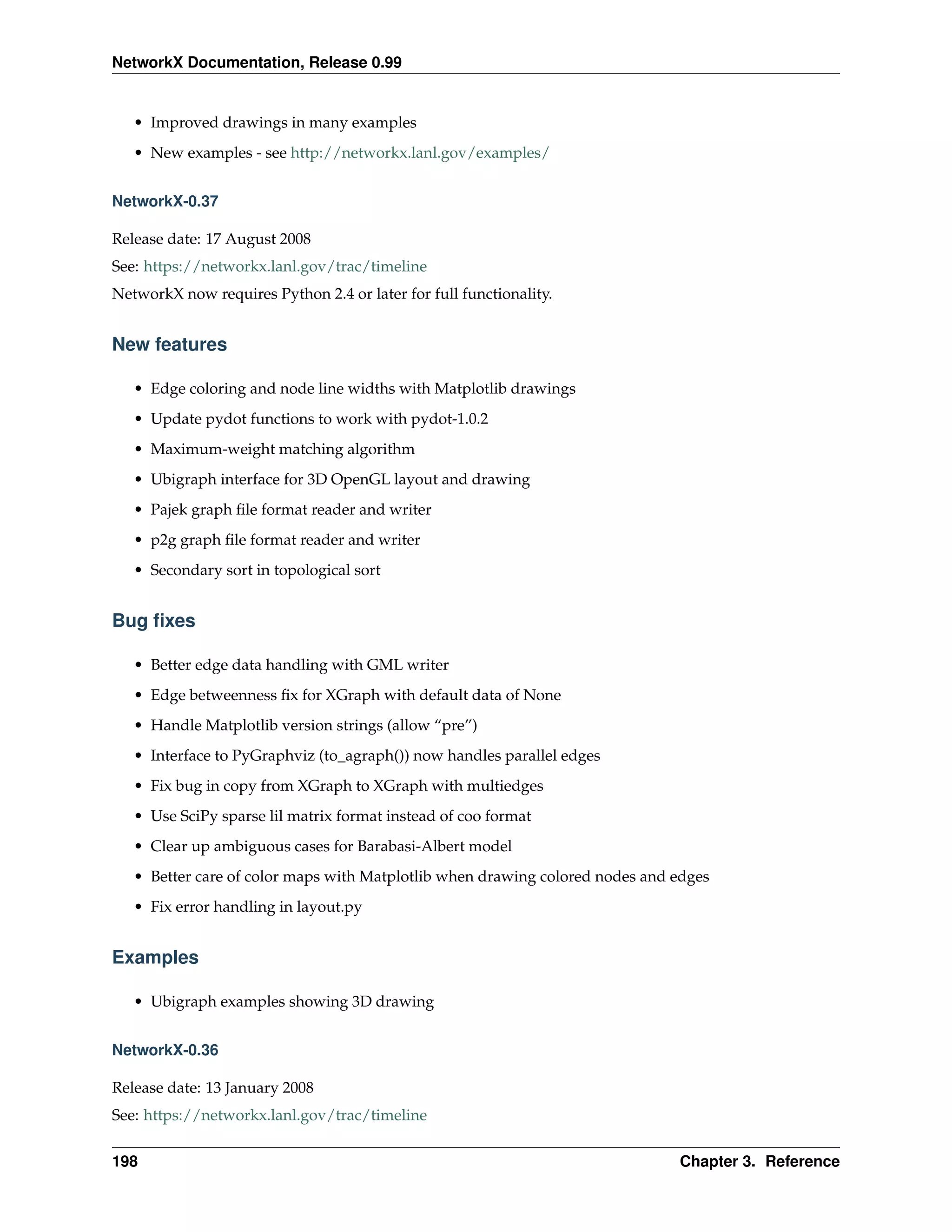 NetworkX Documentation, Release 0.99


   • Improved drawings in many examples
   • New examples - see http://networkx.lanl.gov/examples/


NetworkX-0.37

Release date: 17 August 2008
See: https://networkx.lanl.gov/trac/timeline
NetworkX now requires Python 2.4 or later for full functionality.


New features

   • Edge coloring and node line widths with Matplotlib drawings
   • Update pydot functions to work with pydot-1.0.2
   • Maximum-weight matching algorithm
   • Ubigraph interface for 3D OpenGL layout and drawing
   • Pajek graph ﬁle format reader and writer
   • p2g graph ﬁle format reader and writer
   • Secondary sort in topological sort


Bug ﬁxes

   • Better edge data handling with GML writer
   • Edge betweenness ﬁx for XGraph with default data of None
   • Handle Matplotlib version strings (allow “pre”)
   • Interface to PyGraphviz (to_agraph()) now handles parallel edges
   • Fix bug in copy from XGraph to XGraph with multiedges
   • Use SciPy sparse lil matrix format instead of coo format
   • Clear up ambiguous cases for Barabasi-Albert model
   • Better care of color maps with Matplotlib when drawing colored nodes and edges
   • Fix error handling in layout.py


Examples

   • Ubigraph examples showing 3D drawing


NetworkX-0.36

Release date: 13 January 2008
See: https://networkx.lanl.gov/trac/timeline


198                                                                           Chapter 3. Reference
 