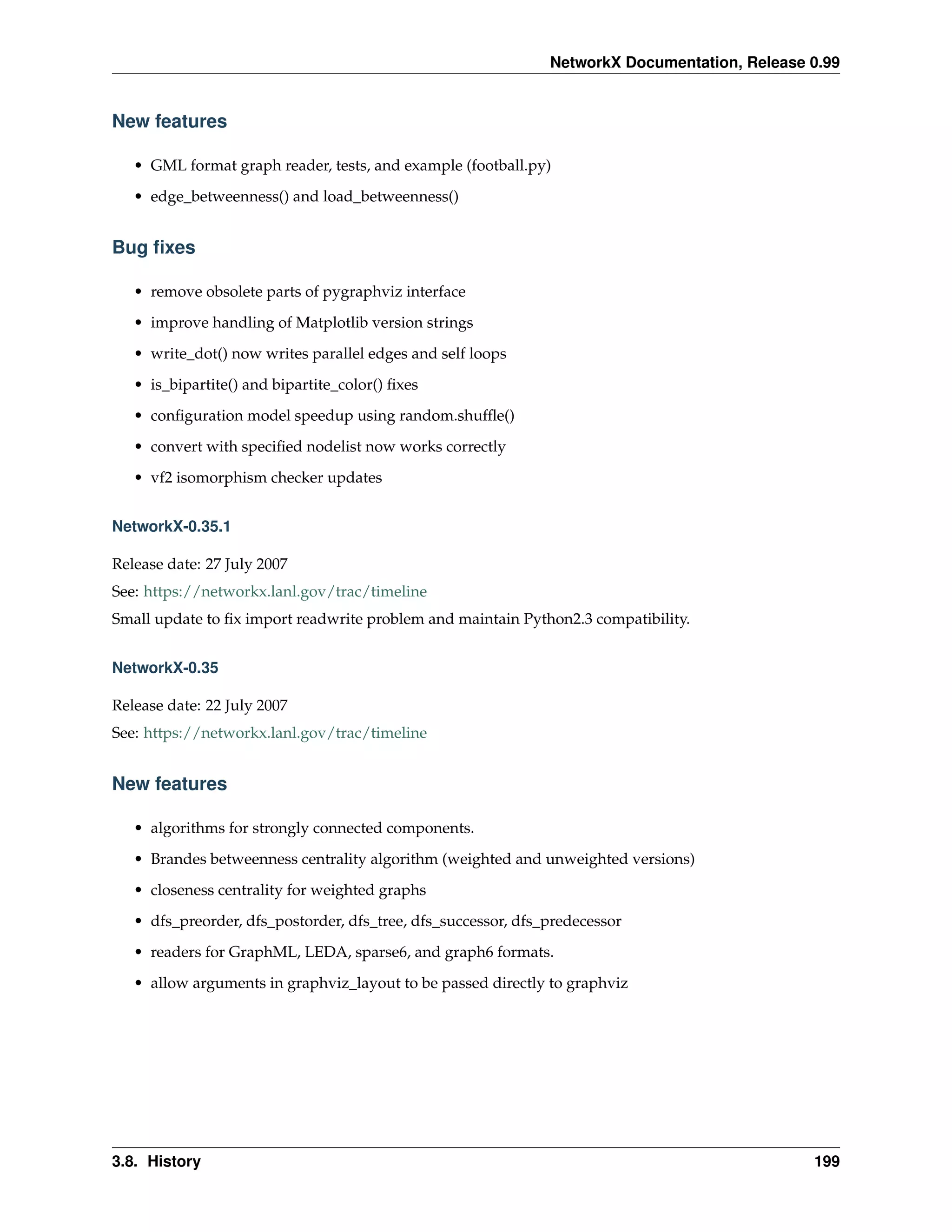 NetworkX Documentation, Release 0.99


New features

   • GML format graph reader, tests, and example (football.py)

   • edge_betweenness() and load_betweenness()


Bug ﬁxes

   • remove obsolete parts of pygraphviz interface
   • improve handling of Matplotlib version strings
   • write_dot() now writes parallel edges and self loops
   • is_bipartite() and bipartite_color() ﬁxes

   • conﬁguration model speedup using random.shufﬂe()
   • convert with speciﬁed nodelist now works correctly
   • vf2 isomorphism checker updates


NetworkX-0.35.1

Release date: 27 July 2007
See: https://networkx.lanl.gov/trac/timeline
Small update to ﬁx import readwrite problem and maintain Python2.3 compatibility.


NetworkX-0.35

Release date: 22 July 2007
See: https://networkx.lanl.gov/trac/timeline


New features

   • algorithms for strongly connected components.

   • Brandes betweenness centrality algorithm (weighted and unweighted versions)
   • closeness centrality for weighted graphs
   • dfs_preorder, dfs_postorder, dfs_tree, dfs_successor, dfs_predecessor

   • readers for GraphML, LEDA, sparse6, and graph6 formats.
   • allow arguments in graphviz_layout to be passed directly to graphviz




3.8. History                                                                                   199
 