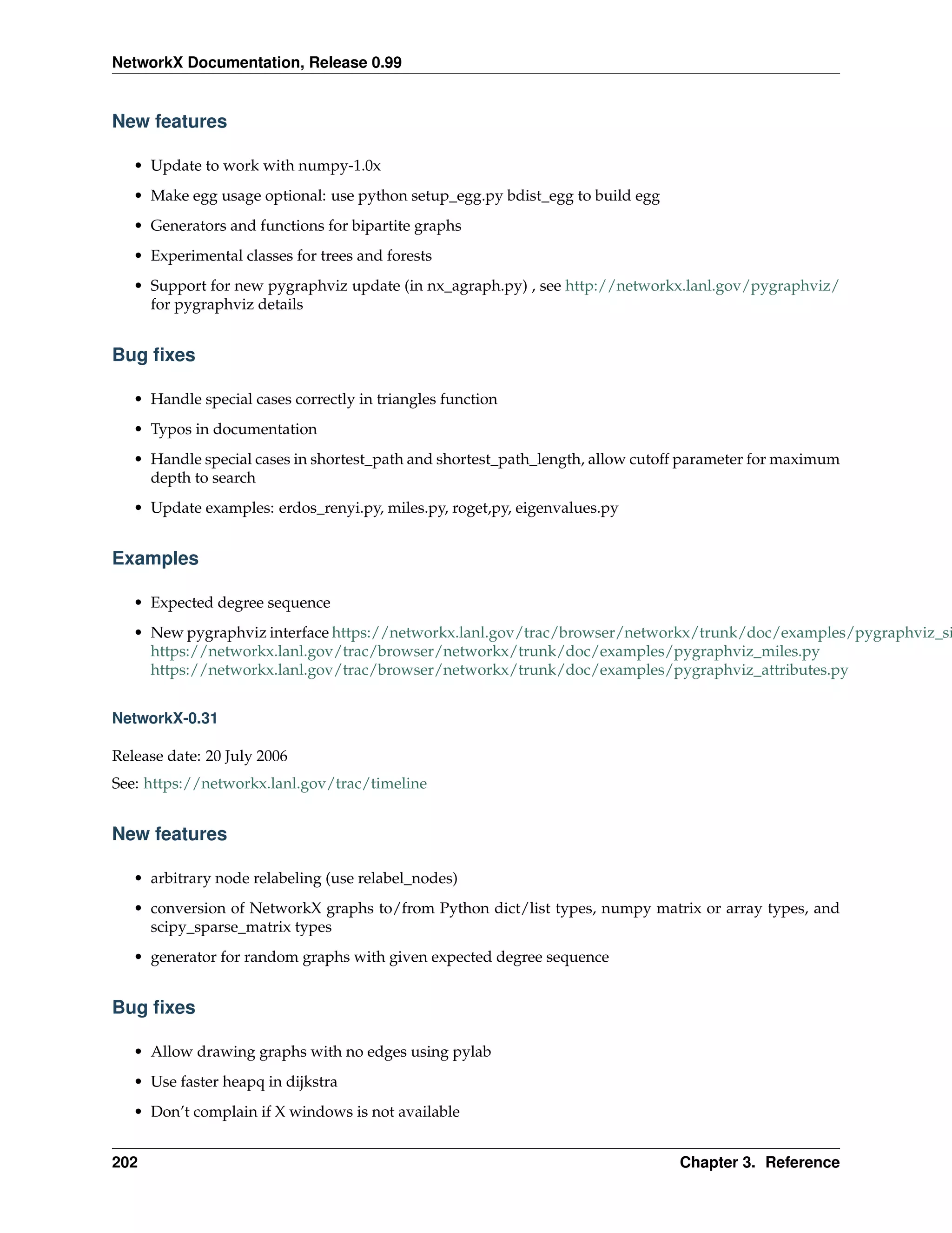 NetworkX Documentation, Release 0.99


New features

   • Update to work with numpy-1.0x
   • Make egg usage optional: use python setup_egg.py bdist_egg to build egg
   • Generators and functions for bipartite graphs
   • Experimental classes for trees and forests
   • Support for new pygraphviz update (in nx_agraph.py) , see http://networkx.lanl.gov/pygraphviz/
     for pygraphviz details


Bug ﬁxes

   • Handle special cases correctly in triangles function
   • Typos in documentation
   • Handle special cases in shortest_path and shortest_path_length, allow cutoff parameter for maximum
     depth to search
   • Update examples: erdos_renyi.py, miles.py, roget,py, eigenvalues.py


Examples

   • Expected degree sequence
   • New pygraphviz interface https://networkx.lanl.gov/trac/browser/networkx/trunk/doc/examples/pygraphviz_si
     https://networkx.lanl.gov/trac/browser/networkx/trunk/doc/examples/pygraphviz_miles.py
     https://networkx.lanl.gov/trac/browser/networkx/trunk/doc/examples/pygraphviz_attributes.py


NetworkX-0.31

Release date: 20 July 2006
See: https://networkx.lanl.gov/trac/timeline


New features

   • arbitrary node relabeling (use relabel_nodes)
   • conversion of NetworkX graphs to/from Python dict/list types, numpy matrix or array types, and
     scipy_sparse_matrix types
   • generator for random graphs with given expected degree sequence


Bug ﬁxes

   • Allow drawing graphs with no edges using pylab
   • Use faster heapq in dijkstra
   • Don’t complain if X windows is not available


202                                                                             Chapter 3. Reference
 