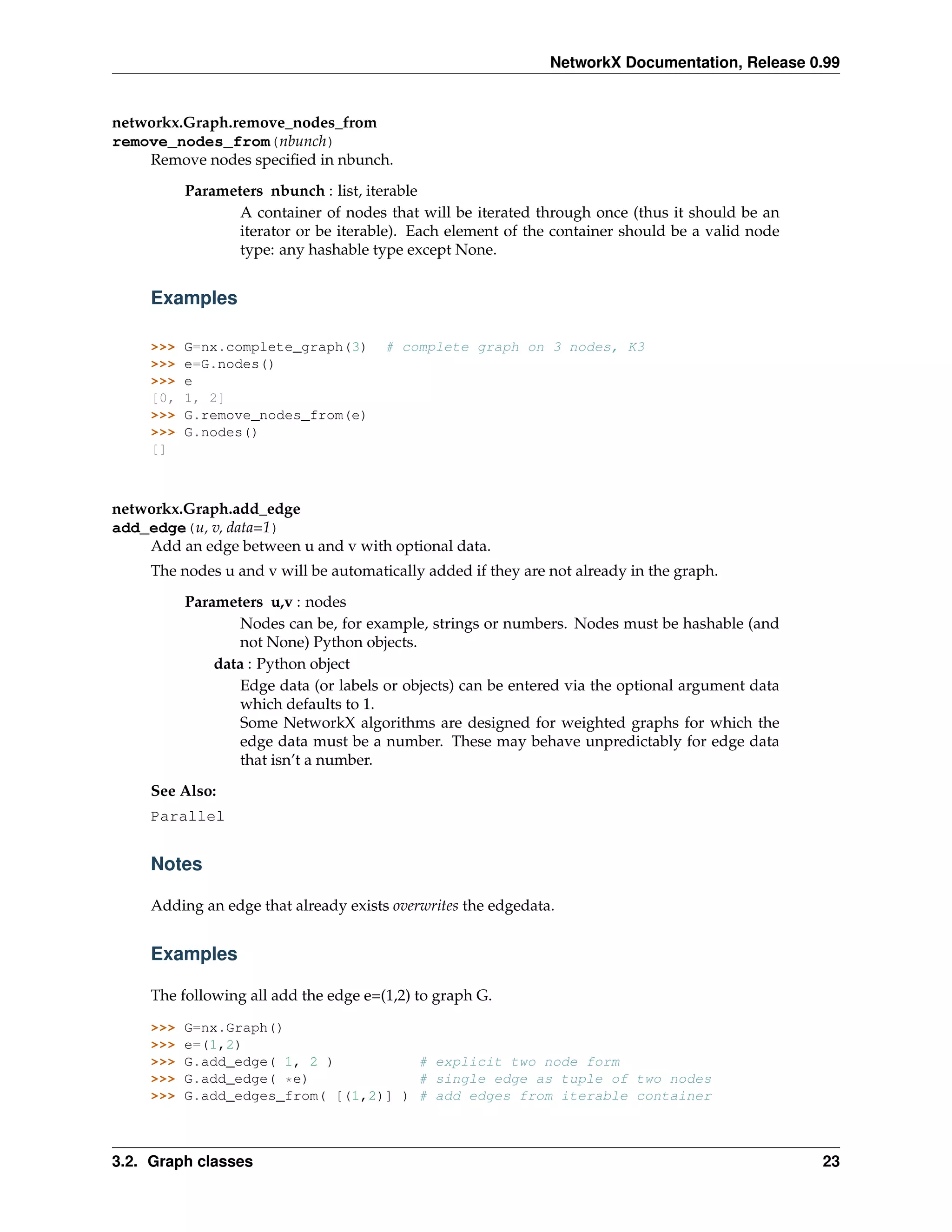 NetworkX Documentation, Release 0.99


networkx.Graph.remove_nodes_from
remove_nodes_from(nbunch)
    Remove nodes speciﬁed in nbunch.
           Parameters nbunch : list, iterable
                  A container of nodes that will be iterated through once (thus it should be an
                  iterator or be iterable). Each element of the container should be a valid node
                  type: any hashable type except None.


     Examples

     >>>   G=nx.complete_graph(3)      # complete graph on 3 nodes, K3
     >>>   e=G.nodes()
     >>>   e
     [0,   1, 2]
     >>>   G.remove_nodes_from(e)
     >>>   G.nodes()
     []



networkx.Graph.add_edge
add_edge(u, v, data=1)
    Add an edge between u and v with optional data.
     The nodes u and v will be automatically added if they are not already in the graph.
           Parameters u,v : nodes
                   Nodes can be, for example, strings or numbers. Nodes must be hashable (and
                   not None) Python objects.
               data : Python object
                   Edge data (or labels or objects) can be entered via the optional argument data
                   which defaults to 1.
                   Some NetworkX algorithms are designed for weighted graphs for which the
                   edge data must be a number. These may behave unpredictably for edge data
                   that isn’t a number.

     See Also:
     Parallel


     Notes

     Adding an edge that already exists overwrites the edgedata.


     Examples

     The following all add the edge e=(1,2) to graph G.

     >>>   G=nx.Graph()
     >>>   e=(1,2)
     >>>   G.add_edge( 1, 2 )          # explicit two node form
     >>>   G.add_edge( *e)             # single edge as tuple of two nodes
     >>>   G.add_edges_from( [(1,2)] ) # add edges from iterable container



3.2. Graph classes                                                                                  23
 