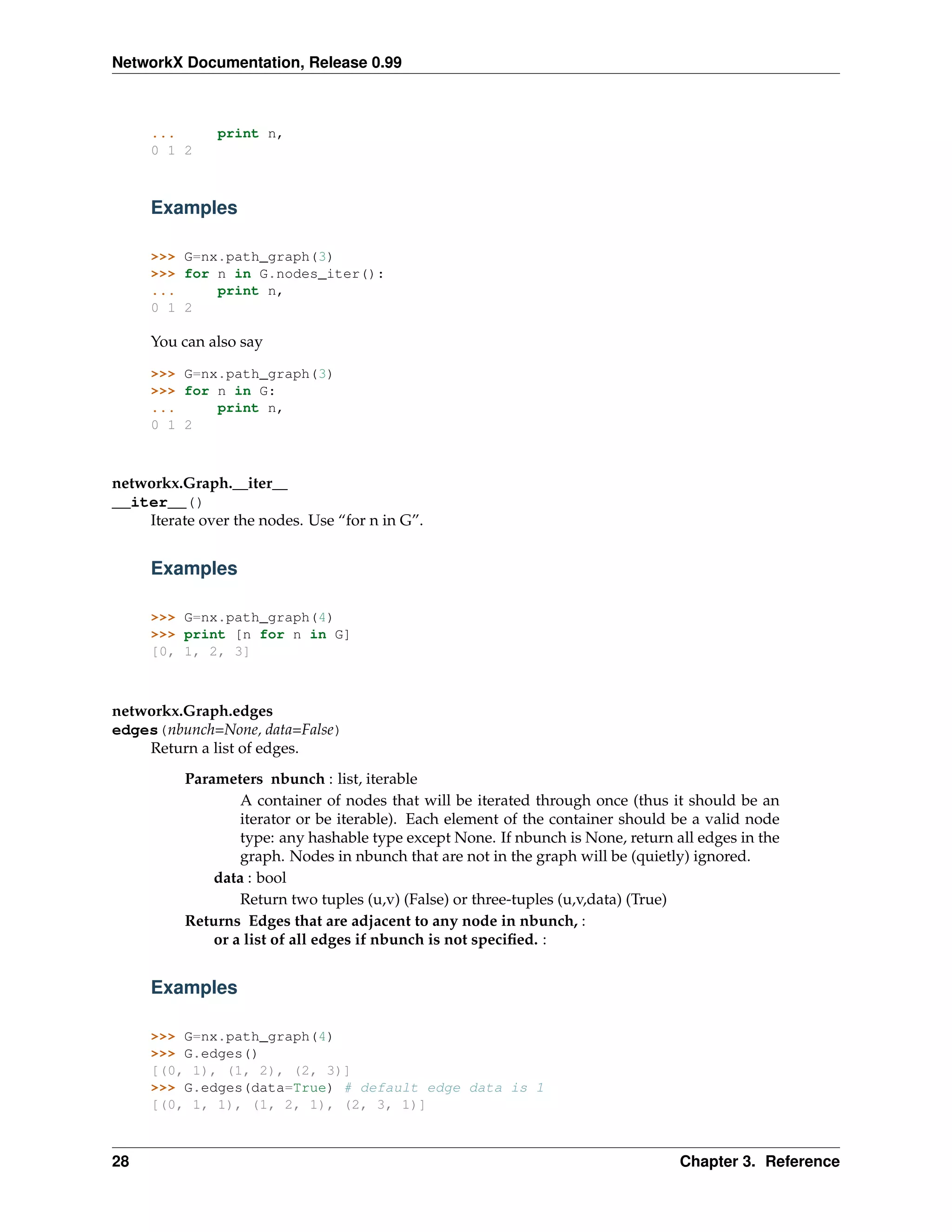 NetworkX Documentation, Release 0.99



     ...       print n,
     0 1 2



     Examples

     >>> G=nx.path_graph(3)
     >>> for n in G.nodes_iter():
     ...     print n,
     0 1 2

     You can also say

     >>> G=nx.path_graph(3)
     >>> for n in G:
     ...     print n,
     0 1 2



networkx.Graph.__iter__
__iter__()
    Iterate over the nodes. Use “for n in G”.


     Examples

     >>> G=nx.path_graph(4)
     >>> print [n for n in G]
     [0, 1, 2, 3]



networkx.Graph.edges
edges(nbunch=None, data=False)
    Return a list of edges.
          Parameters nbunch : list, iterable
                  A container of nodes that will be iterated through once (thus it should be an
                  iterator or be iterable). Each element of the container should be a valid node
                  type: any hashable type except None. If nbunch is None, return all edges in the
                  graph. Nodes in nbunch that are not in the graph will be (quietly) ignored.
              data : bool
                  Return two tuples (u,v) (False) or three-tuples (u,v,data) (True)
          Returns Edges that are adjacent to any node in nbunch, :
              or a list of all edges if nbunch is not speciﬁed. :


     Examples

     >>> G=nx.path_graph(4)
     >>> G.edges()
     [(0, 1), (1, 2), (2, 3)]
     >>> G.edges(data=True) # default edge data is 1
     [(0, 1, 1), (1, 2, 1), (2, 3, 1)]



28                                                                                Chapter 3. Reference
 