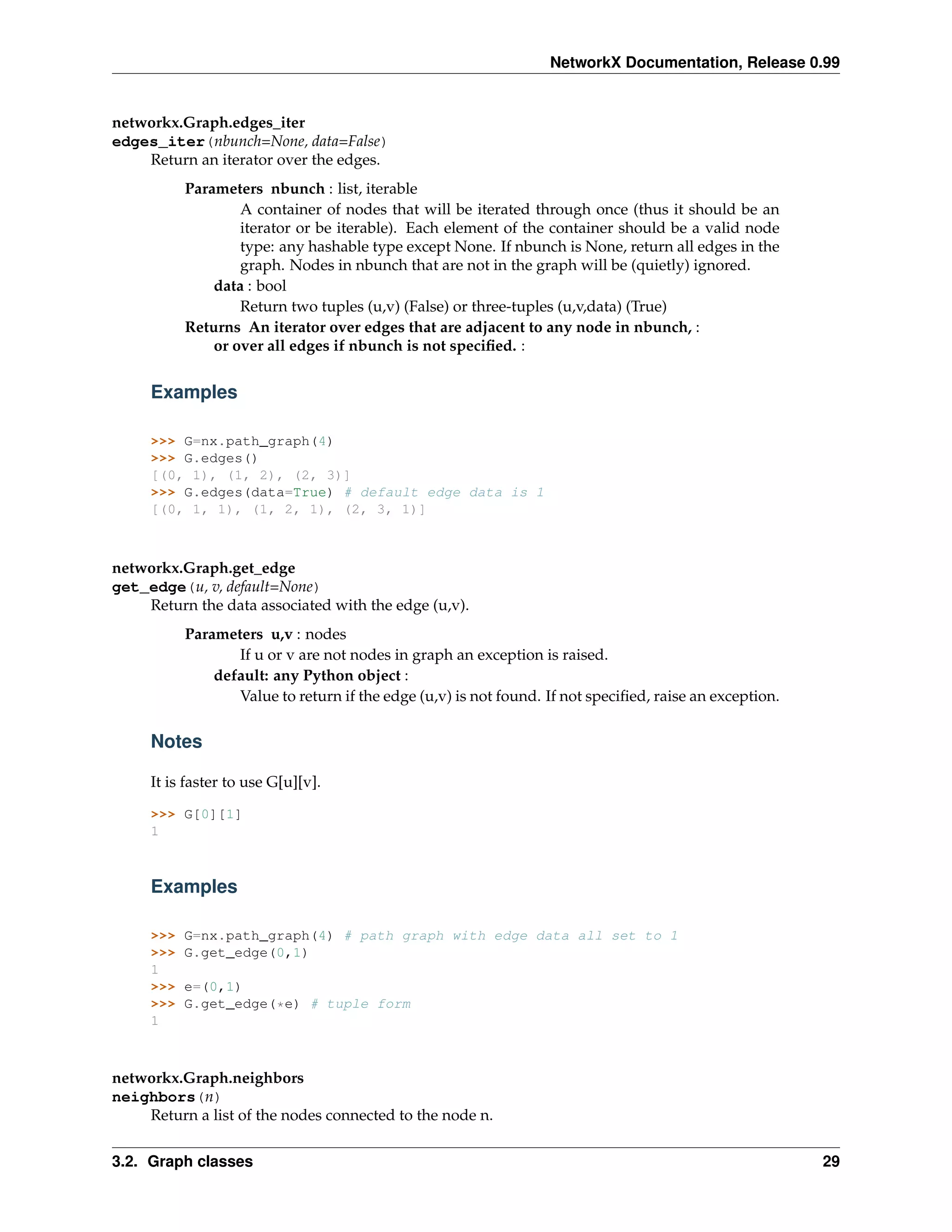 NetworkX Documentation, Release 0.99


networkx.Graph.edges_iter
edges_iter(nbunch=None, data=False)
    Return an iterator over the edges.
           Parameters nbunch : list, iterable
                   A container of nodes that will be iterated through once (thus it should be an
                   iterator or be iterable). Each element of the container should be a valid node
                   type: any hashable type except None. If nbunch is None, return all edges in the
                   graph. Nodes in nbunch that are not in the graph will be (quietly) ignored.
               data : bool
                   Return two tuples (u,v) (False) or three-tuples (u,v,data) (True)
           Returns An iterator over edges that are adjacent to any node in nbunch, :
               or over all edges if nbunch is not speciﬁed. :


     Examples

     >>> G=nx.path_graph(4)
     >>> G.edges()
     [(0, 1), (1, 2), (2, 3)]
     >>> G.edges(data=True) # default edge data is 1
     [(0, 1, 1), (1, 2, 1), (2, 3, 1)]



networkx.Graph.get_edge
get_edge(u, v, default=None)
    Return the data associated with the edge (u,v).
           Parameters u,v : nodes
                  If u or v are not nodes in graph an exception is raised.
               default: any Python object :
                  Value to return if the edge (u,v) is not found. If not speciﬁed, raise an exception.


     Notes

     It is faster to use G[u][v].

     >>> G[0][1]
     1



     Examples

     >>>   G=nx.path_graph(4) # path graph with edge data all set to 1
     >>>   G.get_edge(0,1)
     1
     >>>   e=(0,1)
     >>>   G.get_edge(*e) # tuple form
     1



networkx.Graph.neighbors
neighbors(n)
    Return a list of the nodes connected to the node n.


3.2. Graph classes                                                                                       29
 