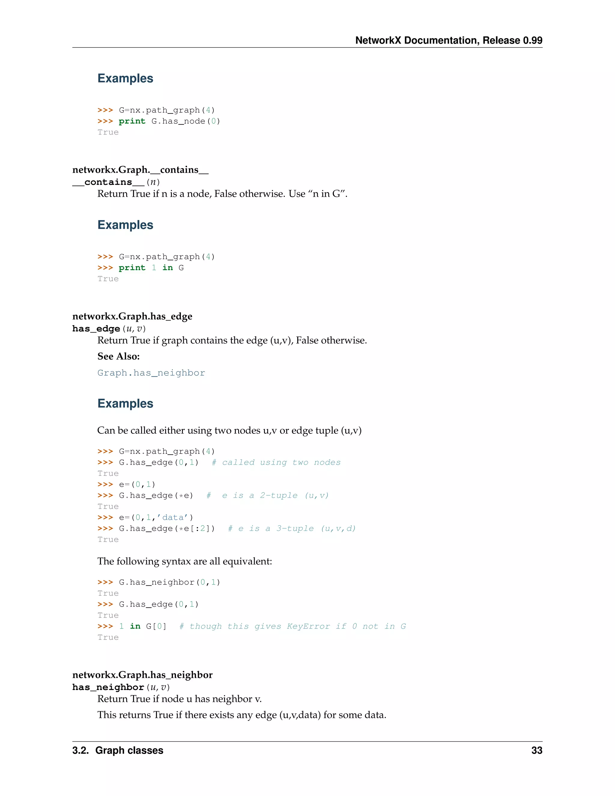 NetworkX Documentation, Release 0.99


     Examples

     >>> G=nx.path_graph(4)
     >>> print G.has_node(0)
     True



networkx.Graph.__contains__
__contains__(n)
    Return True if n is a node, False otherwise. Use “n in G”.


     Examples

     >>> G=nx.path_graph(4)
     >>> print 1 in G
     True



networkx.Graph.has_edge
has_edge(u, v)
    Return True if graph contains the edge (u,v), False otherwise.
     See Also:
     Graph.has_neighbor


     Examples

     Can be called either using two nodes u,v or edge tuple (u,v)

     >>> G=nx.path_graph(4)
     >>> G.has_edge(0,1) # called using two nodes
     True
     >>> e=(0,1)
     >>> G.has_edge(*e) # e is a 2-tuple (u,v)
     True
     >>> e=(0,1,’data’)
     >>> G.has_edge(*e[:2]) # e is a 3-tuple (u,v,d)
     True

     The following syntax are all equivalent:

     >>> G.has_neighbor(0,1)
     True
     >>> G.has_edge(0,1)
     True
     >>> 1 in G[0] # though this gives KeyError if 0 not in G
     True



networkx.Graph.has_neighbor
has_neighbor(u, v)
    Return True if node u has neighbor v.
     This returns True if there exists any edge (u,v,data) for some data.


3.2. Graph classes                                                                                33
 