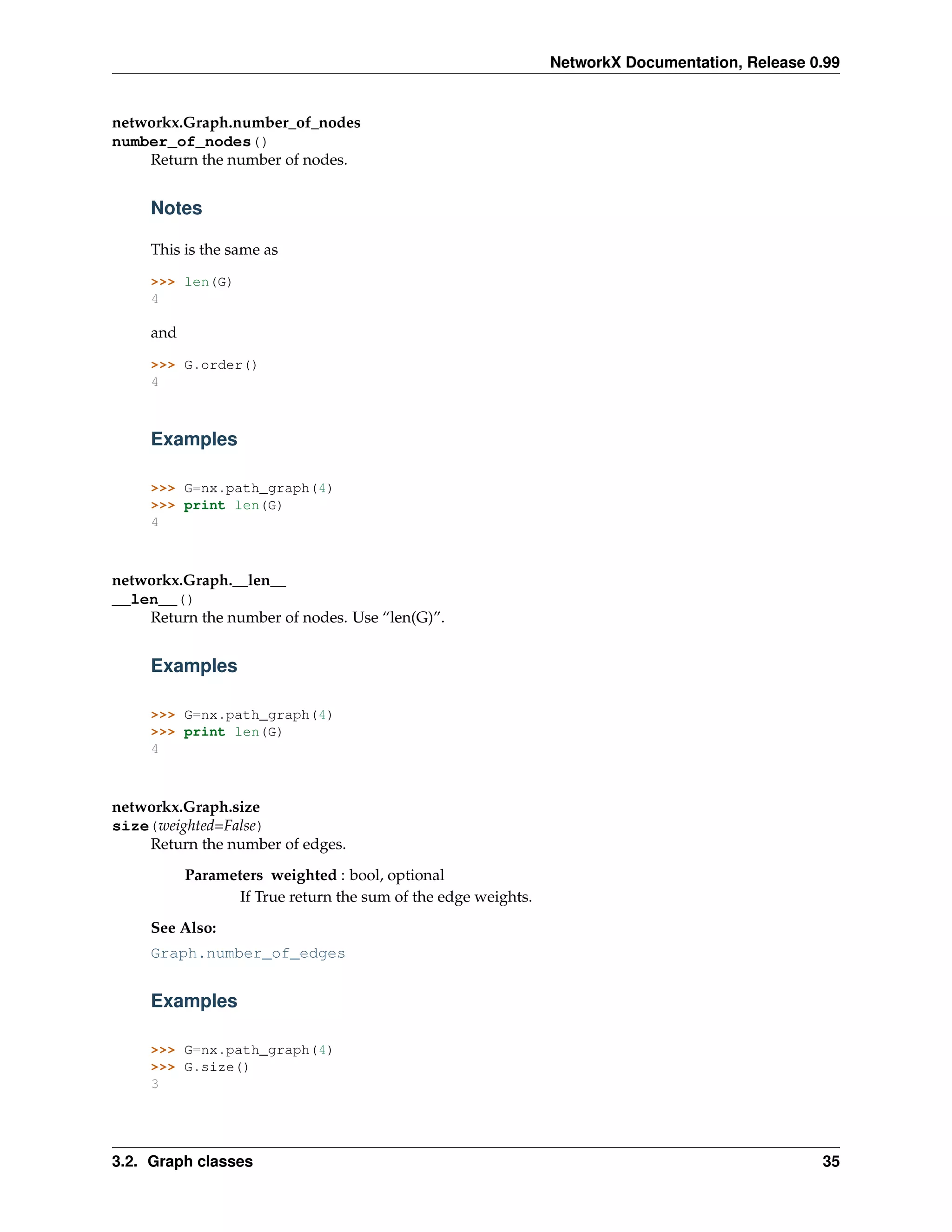 NetworkX Documentation, Release 0.99


networkx.Graph.number_of_nodes
number_of_nodes()
    Return the number of nodes.


     Notes

     This is the same as

     >>> len(G)
     4

     and

     >>> G.order()
     4



     Examples

     >>> G=nx.path_graph(4)
     >>> print len(G)
     4



networkx.Graph.__len__
__len__()
    Return the number of nodes. Use “len(G)”.


     Examples

     >>> G=nx.path_graph(4)
     >>> print len(G)
     4



networkx.Graph.size
size(weighted=False)
    Return the number of edges.
           Parameters weighted : bool, optional
                  If True return the sum of the edge weights.
     See Also:
     Graph.number_of_edges


     Examples

     >>> G=nx.path_graph(4)
     >>> G.size()
     3




3.2. Graph classes                                                                               35
 
