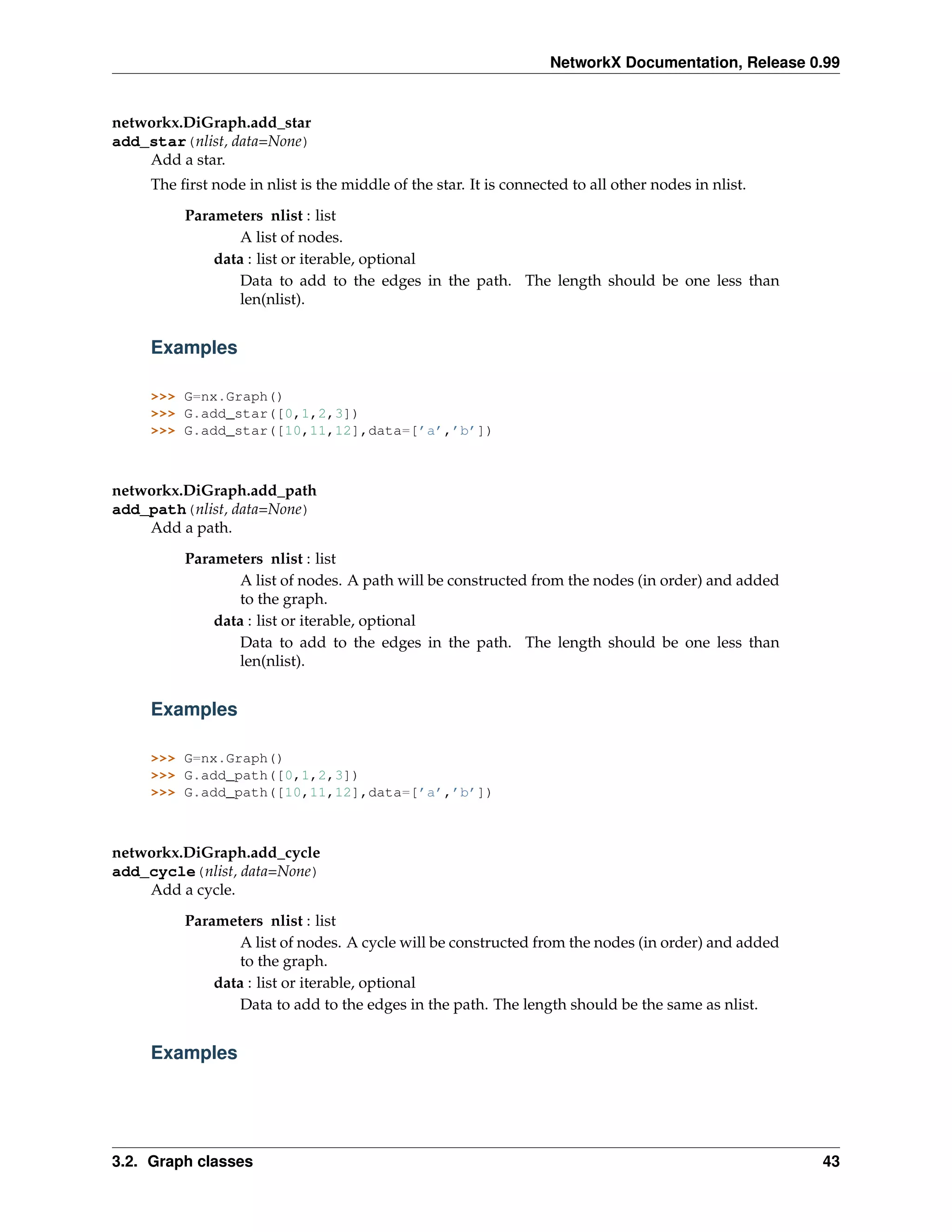 NetworkX Documentation, Release 0.99


networkx.DiGraph.add_star
add_star(nlist, data=None)
    Add a star.
     The ﬁrst node in nlist is the middle of the star. It is connected to all other nodes in nlist.
          Parameters nlist : list
                  A list of nodes.
              data : list or iterable, optional
                  Data to add to the edges in the path. The length should be one less than
                  len(nlist).


     Examples

     >>> G=nx.Graph()
     >>> G.add_star([0,1,2,3])
     >>> G.add_star([10,11,12],data=[’a’,’b’])



networkx.DiGraph.add_path
add_path(nlist, data=None)
    Add a path.

          Parameters nlist : list
                  A list of nodes. A path will be constructed from the nodes (in order) and added
                  to the graph.
              data : list or iterable, optional
                  Data to add to the edges in the path. The length should be one less than
                  len(nlist).


     Examples

     >>> G=nx.Graph()
     >>> G.add_path([0,1,2,3])
     >>> G.add_path([10,11,12],data=[’a’,’b’])



networkx.DiGraph.add_cycle
add_cycle(nlist, data=None)
    Add a cycle.

          Parameters nlist : list
                  A list of nodes. A cycle will be constructed from the nodes (in order) and added
                  to the graph.
              data : list or iterable, optional
                  Data to add to the edges in the path. The length should be the same as nlist.


     Examples




3.2. Graph classes                                                                                    43
 