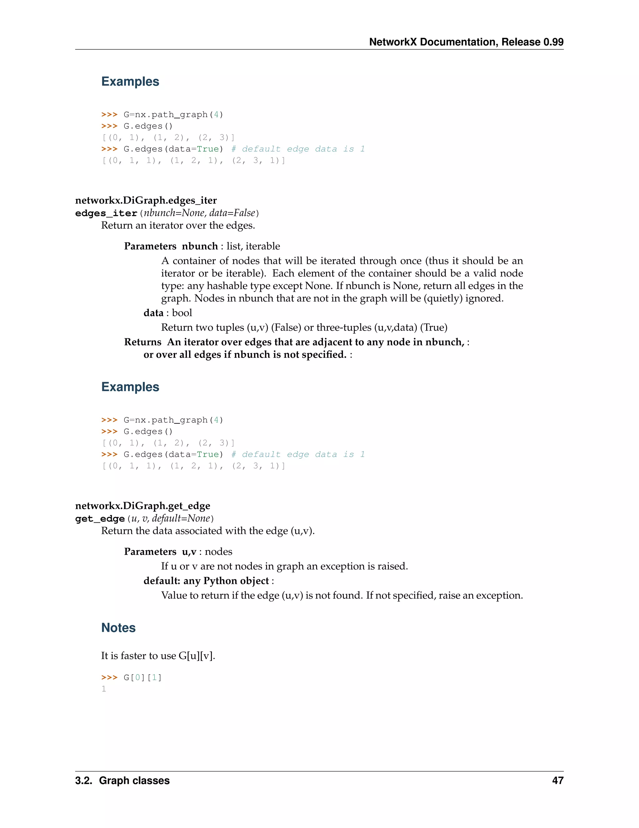 NetworkX Documentation, Release 0.99


     Examples

     >>> G=nx.path_graph(4)
     >>> G.edges()
     [(0, 1), (1, 2), (2, 3)]
     >>> G.edges(data=True) # default edge data is 1
     [(0, 1, 1), (1, 2, 1), (2, 3, 1)]



networkx.DiGraph.edges_iter
edges_iter(nbunch=None, data=False)
    Return an iterator over the edges.
          Parameters nbunch : list, iterable
                  A container of nodes that will be iterated through once (thus it should be an
                  iterator or be iterable). Each element of the container should be a valid node
                  type: any hashable type except None. If nbunch is None, return all edges in the
                  graph. Nodes in nbunch that are not in the graph will be (quietly) ignored.
              data : bool
                  Return two tuples (u,v) (False) or three-tuples (u,v,data) (True)
          Returns An iterator over edges that are adjacent to any node in nbunch, :
              or over all edges if nbunch is not speciﬁed. :


     Examples

     >>> G=nx.path_graph(4)
     >>> G.edges()
     [(0, 1), (1, 2), (2, 3)]
     >>> G.edges(data=True) # default edge data is 1
     [(0, 1, 1), (1, 2, 1), (2, 3, 1)]



networkx.DiGraph.get_edge
get_edge(u, v, default=None)
    Return the data associated with the edge (u,v).

          Parameters u,v : nodes
                 If u or v are not nodes in graph an exception is raised.
              default: any Python object :
                 Value to return if the edge (u,v) is not found. If not speciﬁed, raise an exception.


     Notes

     It is faster to use G[u][v].

     >>> G[0][1]
     1




3.2. Graph classes                                                                                      47
 