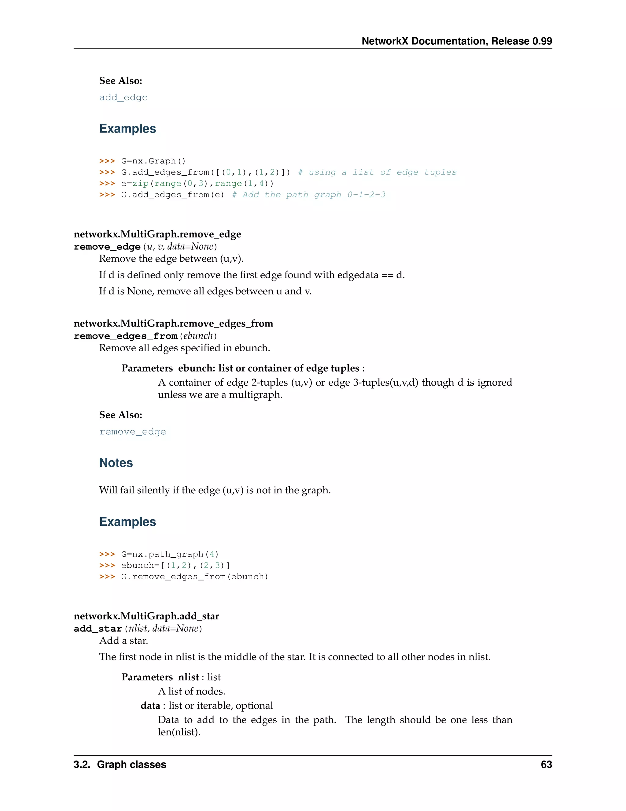NetworkX Documentation, Release 0.99


     See Also:
     add_edge


     Examples

     >>>   G=nx.Graph()
     >>>   G.add_edges_from([(0,1),(1,2)]) # using a list of edge tuples
     >>>   e=zip(range(0,3),range(1,4))
     >>>   G.add_edges_from(e) # Add the path graph 0-1-2-3



networkx.MultiGraph.remove_edge
remove_edge(u, v, data=None)
    Remove the edge between (u,v).
     If d is deﬁned only remove the ﬁrst edge found with edgedata == d.
     If d is None, remove all edges between u and v.


networkx.MultiGraph.remove_edges_from
remove_edges_from(ebunch)
    Remove all edges speciﬁed in ebunch.
           Parameters ebunch: list or container of edge tuples :
                  A container of edge 2-tuples (u,v) or edge 3-tuples(u,v,d) though d is ignored
                  unless we are a multigraph.
     See Also:
     remove_edge


     Notes

     Will fail silently if the edge (u,v) is not in the graph.


     Examples

     >>> G=nx.path_graph(4)
     >>> ebunch=[(1,2),(2,3)]
     >>> G.remove_edges_from(ebunch)



networkx.MultiGraph.add_star
add_star(nlist, data=None)
    Add a star.
     The ﬁrst node in nlist is the middle of the star. It is connected to all other nodes in nlist.
           Parameters nlist : list
                   A list of nodes.
               data : list or iterable, optional
                   Data to add to the edges in the path. The length should be one less than
                   len(nlist).


3.2. Graph classes                                                                                    63
 
