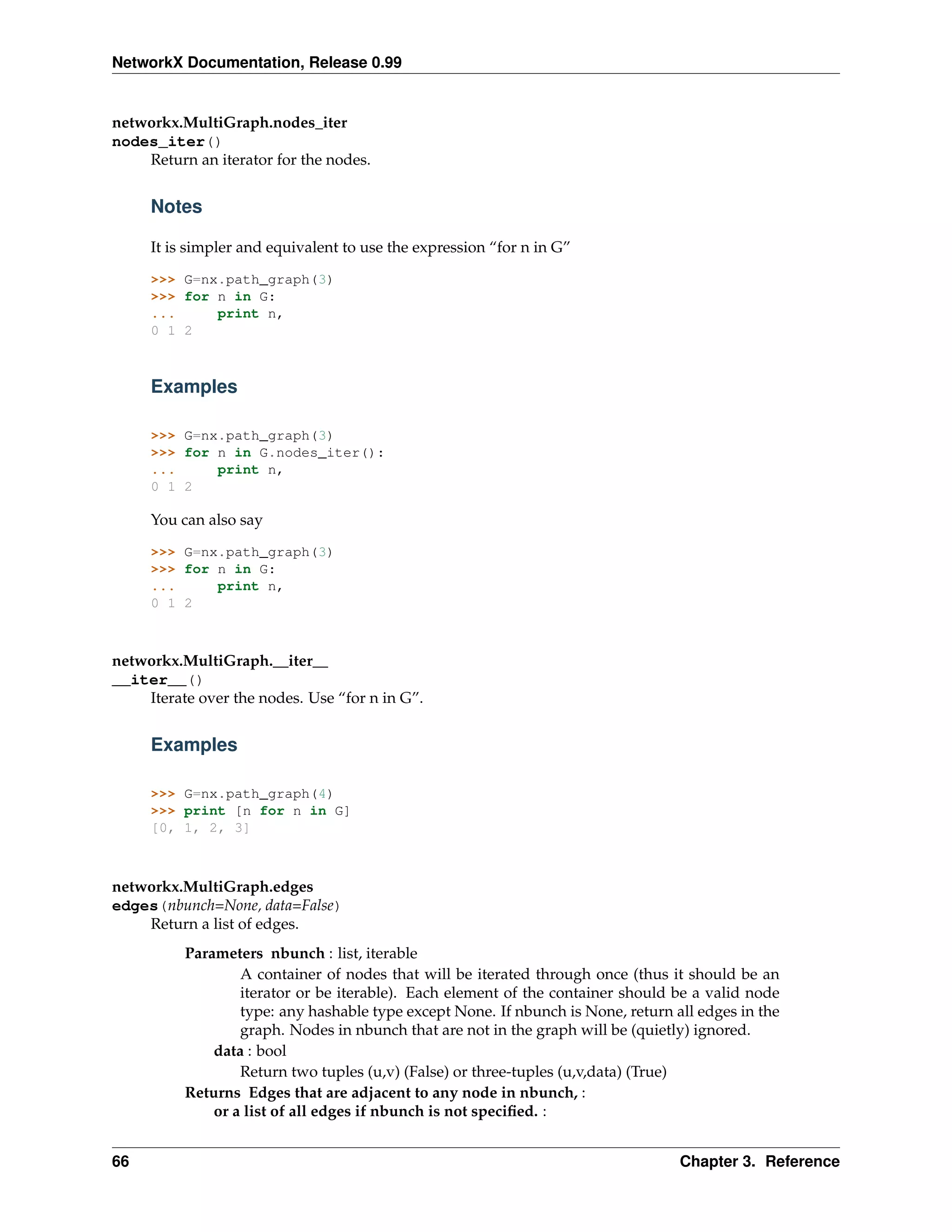NetworkX Documentation, Release 0.99


networkx.MultiGraph.nodes_iter
nodes_iter()
    Return an iterator for the nodes.


     Notes

     It is simpler and equivalent to use the expression “for n in G”

     >>> G=nx.path_graph(3)
     >>> for n in G:
     ...     print n,
     0 1 2



     Examples

     >>> G=nx.path_graph(3)
     >>> for n in G.nodes_iter():
     ...     print n,
     0 1 2

     You can also say

     >>> G=nx.path_graph(3)
     >>> for n in G:
     ...     print n,
     0 1 2



networkx.MultiGraph.__iter__
__iter__()
    Iterate over the nodes. Use “for n in G”.


     Examples

     >>> G=nx.path_graph(4)
     >>> print [n for n in G]
     [0, 1, 2, 3]



networkx.MultiGraph.edges
edges(nbunch=None, data=False)
    Return a list of edges.
          Parameters nbunch : list, iterable
                  A container of nodes that will be iterated through once (thus it should be an
                  iterator or be iterable). Each element of the container should be a valid node
                  type: any hashable type except None. If nbunch is None, return all edges in the
                  graph. Nodes in nbunch that are not in the graph will be (quietly) ignored.
              data : bool
                  Return two tuples (u,v) (False) or three-tuples (u,v,data) (True)
          Returns Edges that are adjacent to any node in nbunch, :
              or a list of all edges if nbunch is not speciﬁed. :


66                                                                                Chapter 3. Reference
 