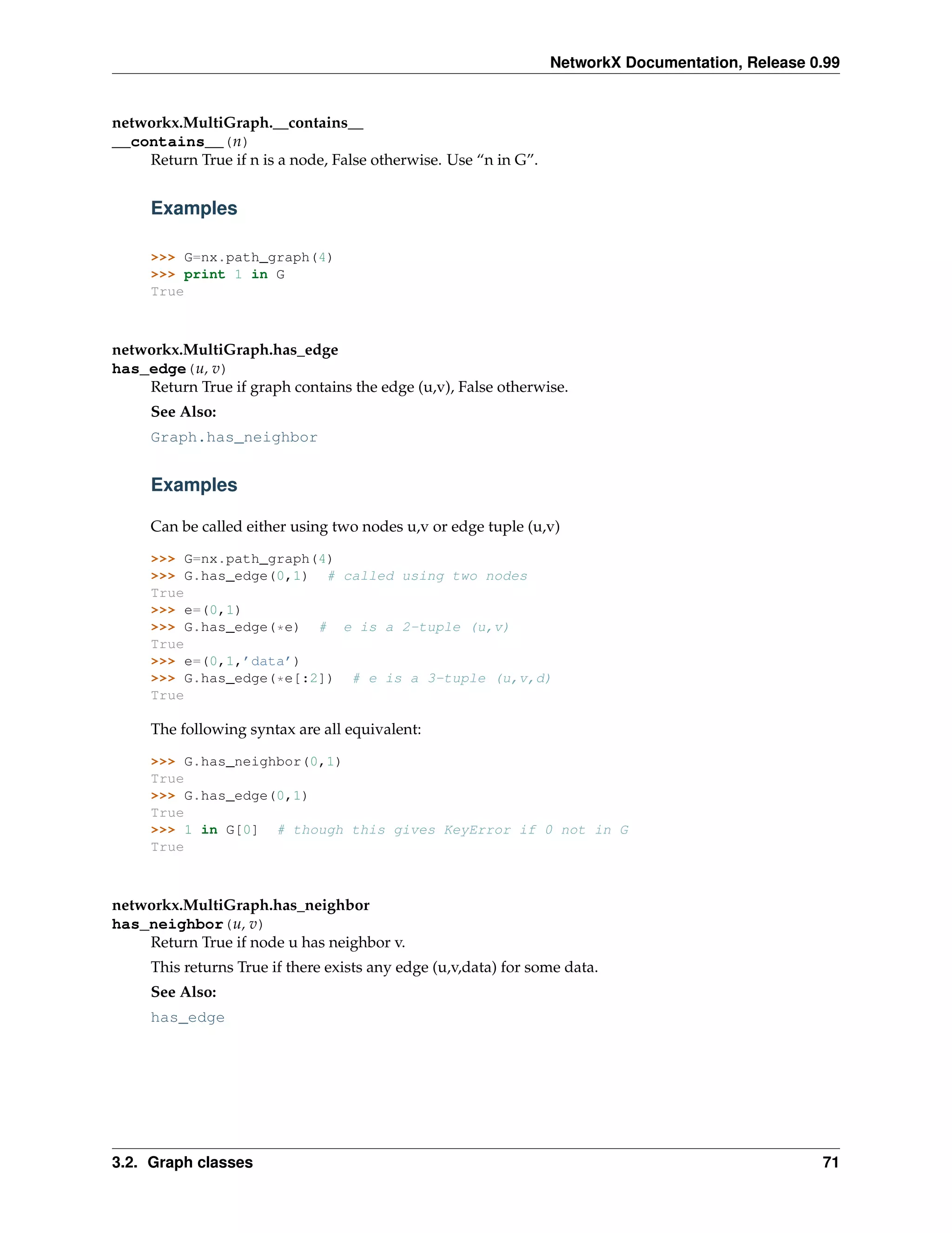 NetworkX Documentation, Release 0.99


networkx.MultiGraph.__contains__
__contains__(n)
    Return True if n is a node, False otherwise. Use “n in G”.


     Examples

     >>> G=nx.path_graph(4)
     >>> print 1 in G
     True



networkx.MultiGraph.has_edge
has_edge(u, v)
    Return True if graph contains the edge (u,v), False otherwise.
     See Also:
     Graph.has_neighbor


     Examples

     Can be called either using two nodes u,v or edge tuple (u,v)

     >>> G=nx.path_graph(4)
     >>> G.has_edge(0,1) # called using two nodes
     True
     >>> e=(0,1)
     >>> G.has_edge(*e) # e is a 2-tuple (u,v)
     True
     >>> e=(0,1,’data’)
     >>> G.has_edge(*e[:2]) # e is a 3-tuple (u,v,d)
     True

     The following syntax are all equivalent:

     >>> G.has_neighbor(0,1)
     True
     >>> G.has_edge(0,1)
     True
     >>> 1 in G[0] # though this gives KeyError if 0 not in G
     True



networkx.MultiGraph.has_neighbor
has_neighbor(u, v)
    Return True if node u has neighbor v.
     This returns True if there exists any edge (u,v,data) for some data.
     See Also:
     has_edge




3.2. Graph classes                                                                                71
 