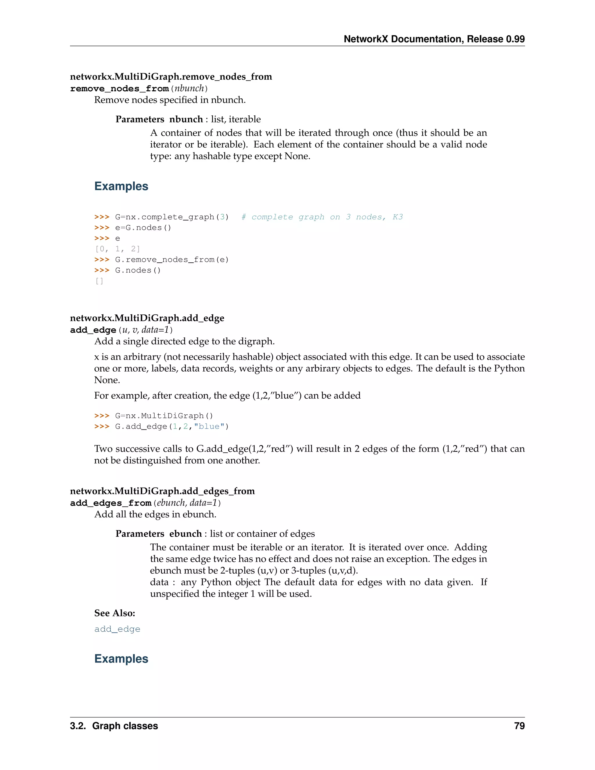 NetworkX Documentation, Release 0.99


networkx.MultiDiGraph.remove_nodes_from
remove_nodes_from(nbunch)
    Remove nodes speciﬁed in nbunch.
           Parameters nbunch : list, iterable
                  A container of nodes that will be iterated through once (thus it should be an
                  iterator or be iterable). Each element of the container should be a valid node
                  type: any hashable type except None.


     Examples

     >>>   G=nx.complete_graph(3)        # complete graph on 3 nodes, K3
     >>>   e=G.nodes()
     >>>   e
     [0,   1, 2]
     >>>   G.remove_nodes_from(e)
     >>>   G.nodes()
     []



networkx.MultiDiGraph.add_edge
add_edge(u, v, data=1)
    Add a single directed edge to the digraph.
     x is an arbitrary (not necessarily hashable) object associated with this edge. It can be used to associate
     one or more, labels, data records, weights or any arbirary objects to edges. The default is the Python
     None.
     For example, after creation, the edge (1,2,”blue”) can be added

     >>> G=nx.MultiDiGraph()
     >>> G.add_edge(1,2,"blue")

     Two successive calls to G.add_edge(1,2,”red”) will result in 2 edges of the form (1,2,”red”) that can
     not be distinguished from one another.


networkx.MultiDiGraph.add_edges_from
add_edges_from(ebunch, data=1)
    Add all the edges in ebunch.
           Parameters ebunch : list or container of edges
                  The container must be iterable or an iterator. It is iterated over once. Adding
                  the same edge twice has no effect and does not raise an exception. The edges in
                  ebunch must be 2-tuples (u,v) or 3-tuples (u,v,d).
                  data : any Python object The default data for edges with no data given. If
                  unspeciﬁed the integer 1 will be used.
     See Also:
     add_edge


     Examples




3.2. Graph classes                                                                                          79
 