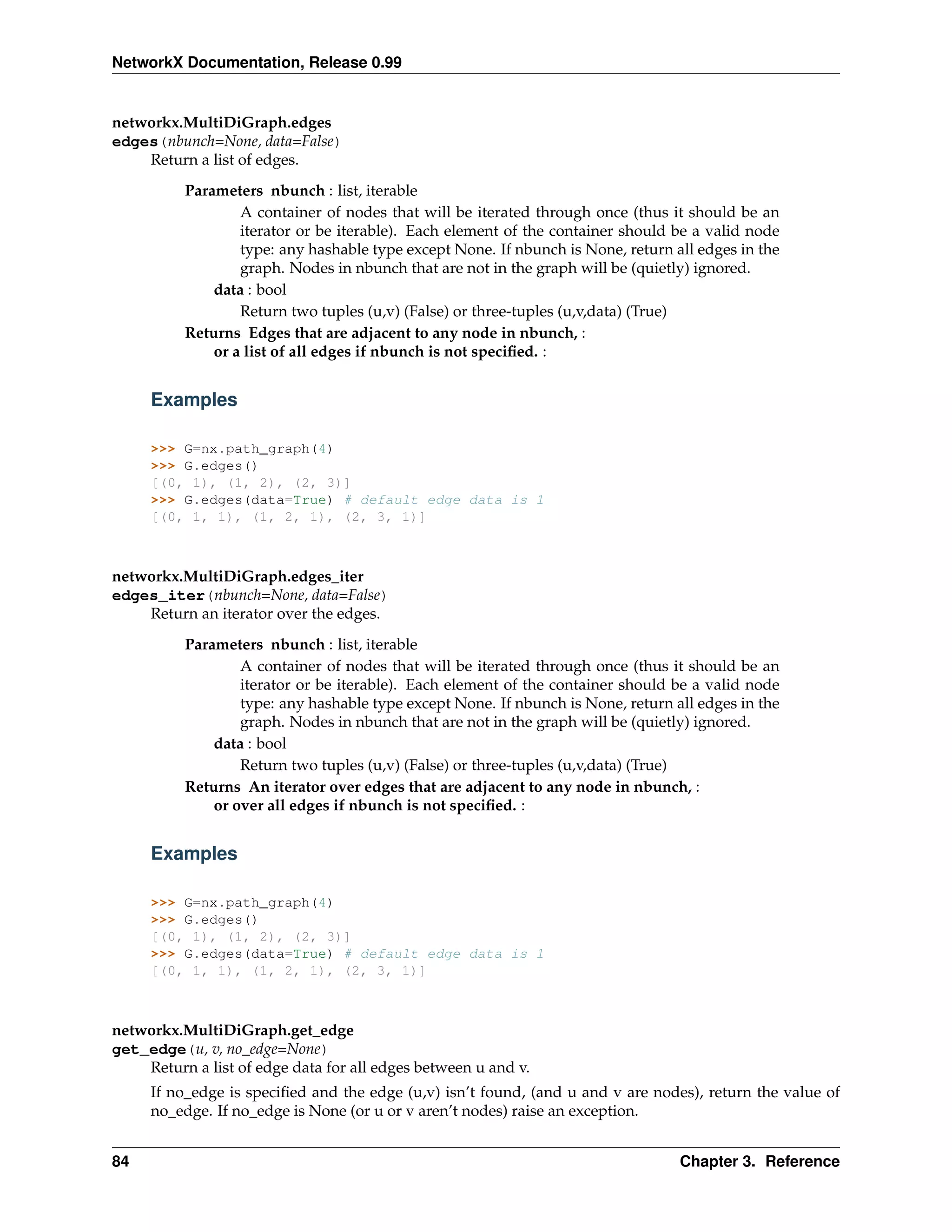 NetworkX Documentation, Release 0.99


networkx.MultiDiGraph.edges
edges(nbunch=None, data=False)
    Return a list of edges.
          Parameters nbunch : list, iterable
                  A container of nodes that will be iterated through once (thus it should be an
                  iterator or be iterable). Each element of the container should be a valid node
                  type: any hashable type except None. If nbunch is None, return all edges in the
                  graph. Nodes in nbunch that are not in the graph will be (quietly) ignored.
              data : bool
                  Return two tuples (u,v) (False) or three-tuples (u,v,data) (True)
          Returns Edges that are adjacent to any node in nbunch, :
              or a list of all edges if nbunch is not speciﬁed. :


     Examples

     >>> G=nx.path_graph(4)
     >>> G.edges()
     [(0, 1), (1, 2), (2, 3)]
     >>> G.edges(data=True) # default edge data is 1
     [(0, 1, 1), (1, 2, 1), (2, 3, 1)]



networkx.MultiDiGraph.edges_iter
edges_iter(nbunch=None, data=False)
    Return an iterator over the edges.
          Parameters nbunch : list, iterable
                  A container of nodes that will be iterated through once (thus it should be an
                  iterator or be iterable). Each element of the container should be a valid node
                  type: any hashable type except None. If nbunch is None, return all edges in the
                  graph. Nodes in nbunch that are not in the graph will be (quietly) ignored.
              data : bool
                  Return two tuples (u,v) (False) or three-tuples (u,v,data) (True)
          Returns An iterator over edges that are adjacent to any node in nbunch, :
              or over all edges if nbunch is not speciﬁed. :


     Examples

     >>> G=nx.path_graph(4)
     >>> G.edges()
     [(0, 1), (1, 2), (2, 3)]
     >>> G.edges(data=True) # default edge data is 1
     [(0, 1, 1), (1, 2, 1), (2, 3, 1)]



networkx.MultiDiGraph.get_edge
get_edge(u, v, no_edge=None)
    Return a list of edge data for all edges between u and v.
     If no_edge is speciﬁed and the edge (u,v) isn’t found, (and u and v are nodes), return the value of
     no_edge. If no_edge is None (or u or v aren’t nodes) raise an exception.


84                                                                                Chapter 3. Reference
 