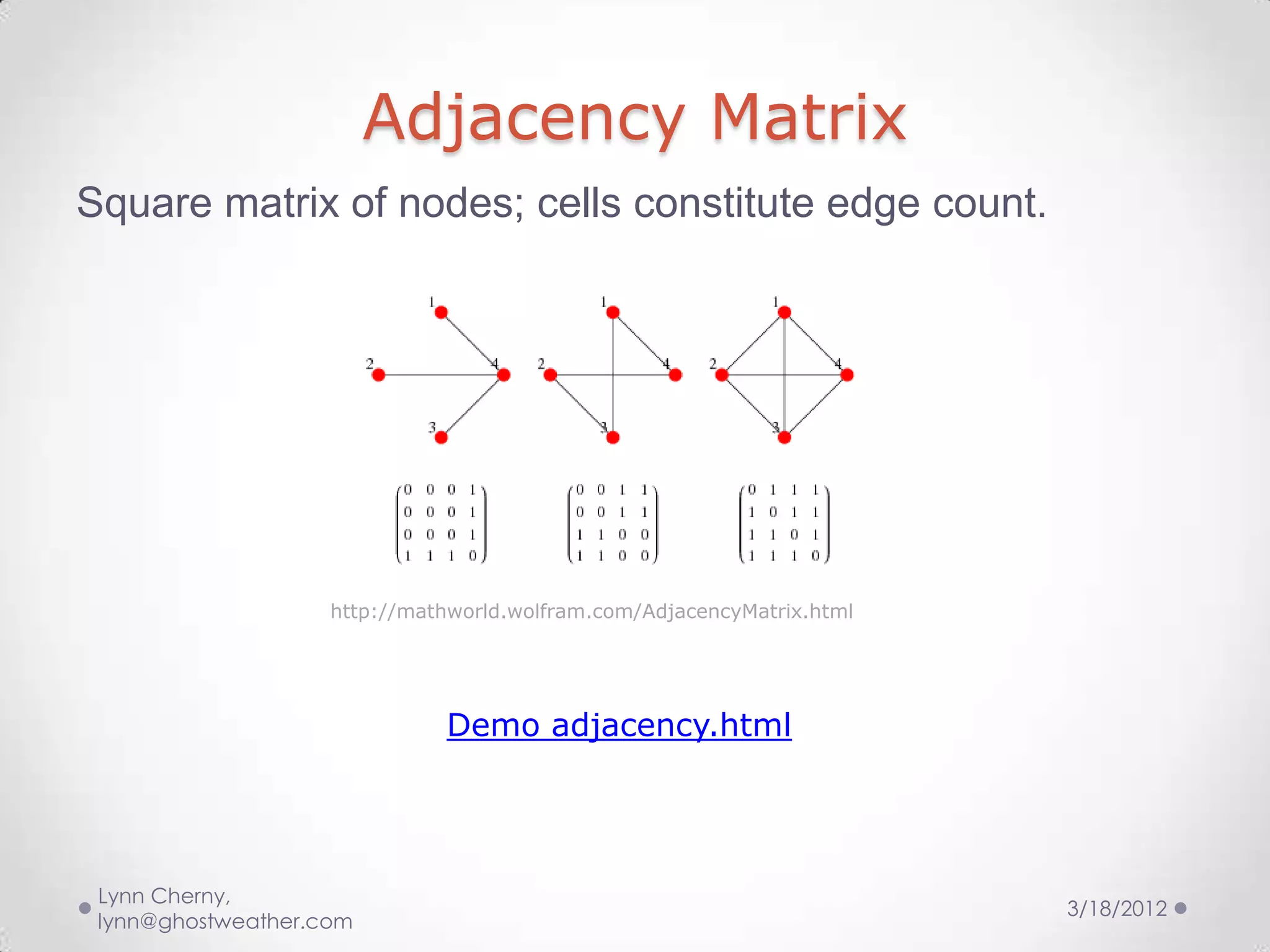 Adjacency Matrix
Square matrix of nodes; cells constitute edge count.




                    http://mathworld.wolfram.com/AdjacencyMatrix.html




                              Demo adjacency.html




 Lynn Cherny,
                                                                        3/18/2012
 lynn@ghostweather.com
 