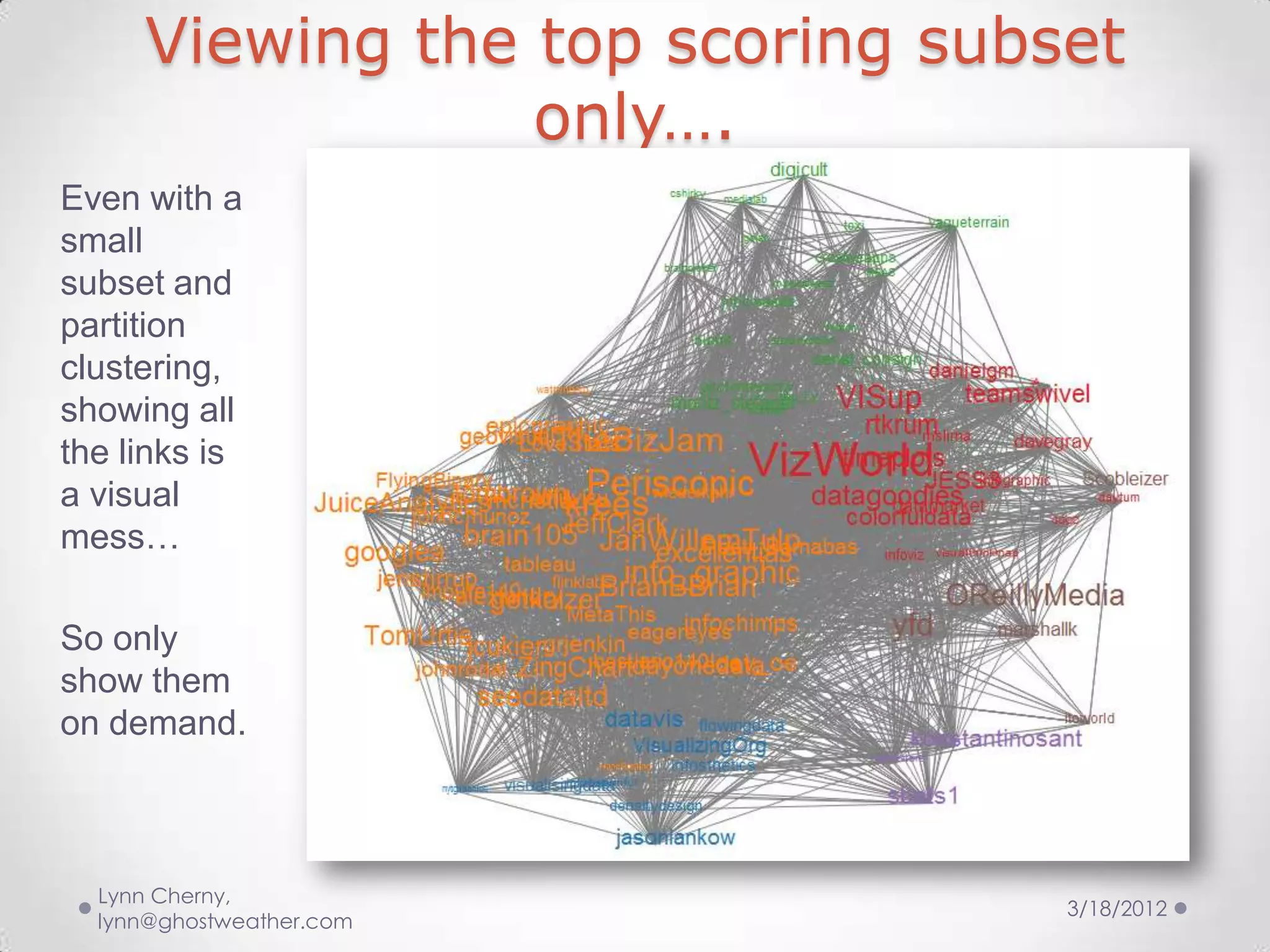 Viewing the top scoring subset
                 only….
Even with a
small
subset and
partition
clustering,
showing all
the links is
a visual
mess…

So only
show them
on demand.



  Lynn Cherny,
                                 3/18/2012
  lynn@ghostweather.com
 