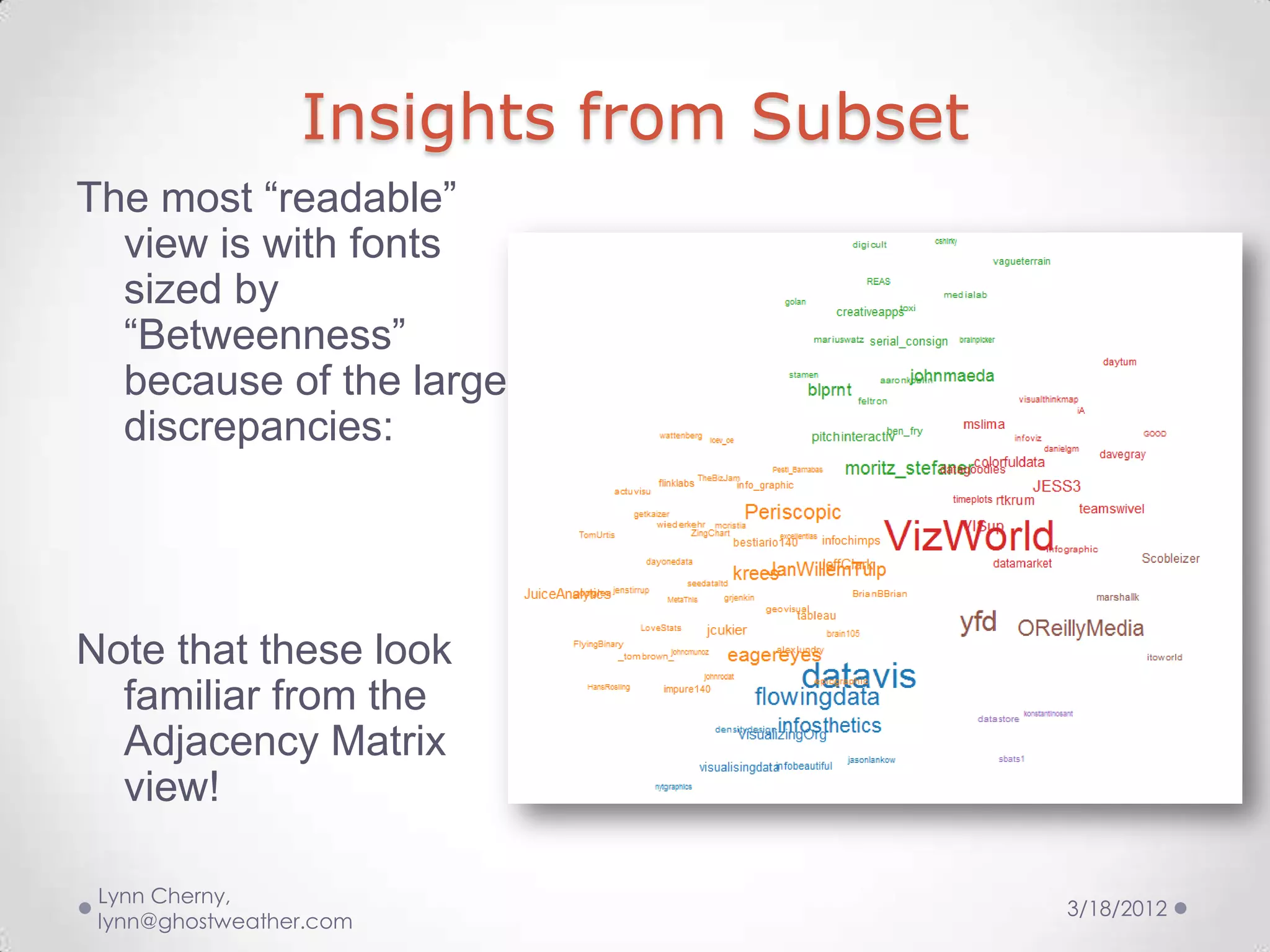 Insights from Subset
The most “readable”
  view is with fonts
  sized by
  “Betweenness”
  because of the large
  discrepancies:




Note that these look
  familiar from the
  Adjacency Matrix
  view!

 Lynn Cherny,
                                        3/18/2012
 lynn@ghostweather.com
 