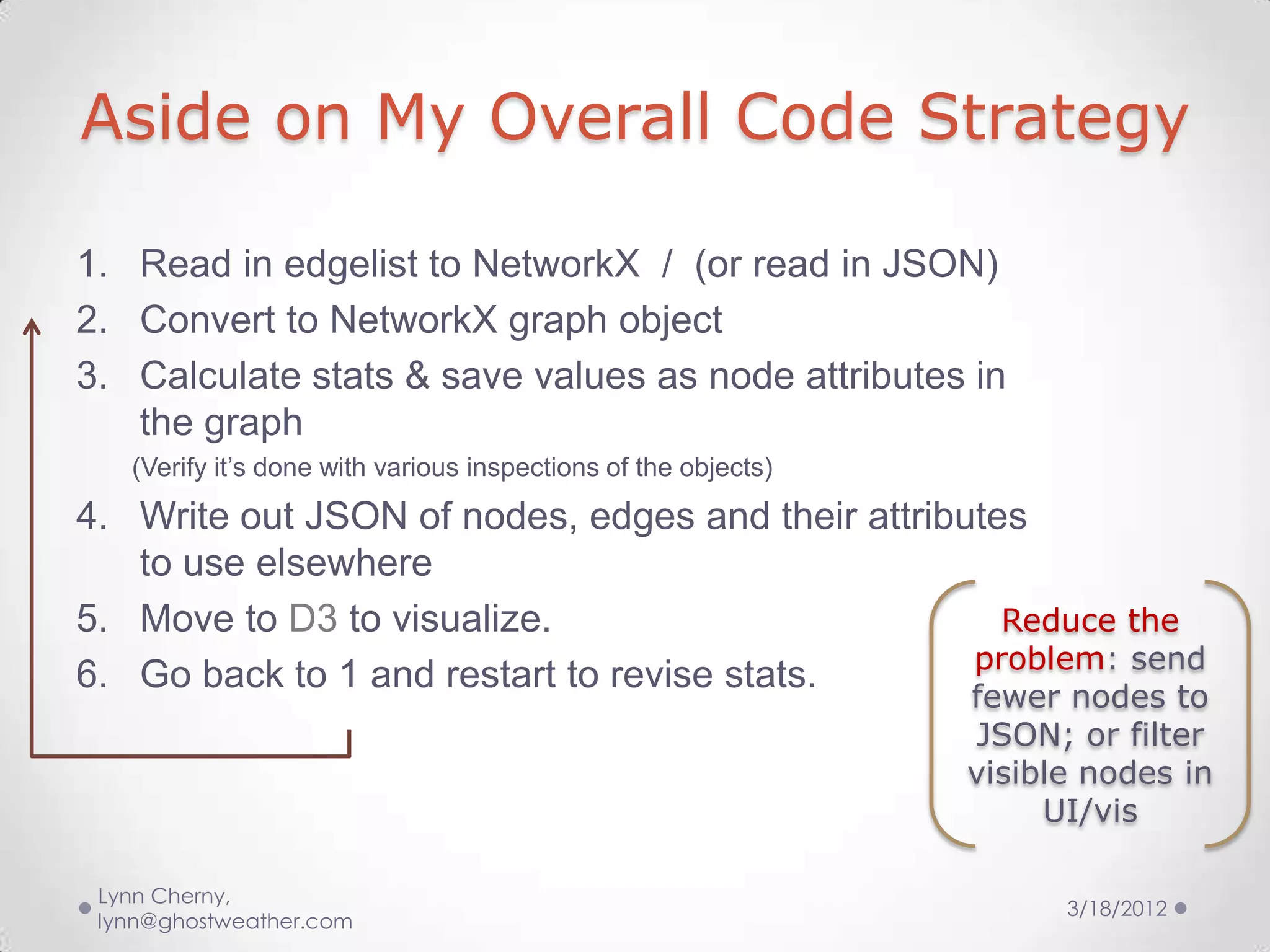 Aside on My Overall Code Strategy

1. Read in edgelist to NetworkX / (or read in JSON)
2. Convert to NetworkX graph object
3. Calculate stats & save values as node attributes in
   the graph
   (Verify it’s done with various inspections of the objects)
4. Write out JSON of nodes, edges and their attributes
   to use elsewhere
5. Move to D3 to visualize.                          Reduce the
                                                   problem: send
6. Go back to 1 and restart to revise stats.
                                                                fewer nodes to
                                                                JSON; or filter
                                                                visible nodes in
                                                                     UI/vis

 Lynn Cherny,
                                                                      3/18/2012
 lynn@ghostweather.com
 