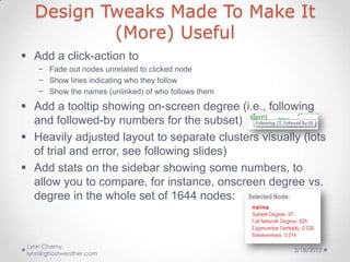 Design Tweaks Made To Make It
           (More) Useful
 Add a click-action to
    − Fade out nodes unrelated to clicked n...