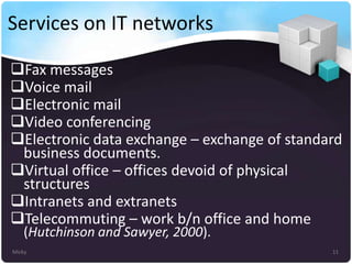 Services on IT networks
Fax messages
Voice mail
Electronic mail
Video conferencing
Electronic data exchange – exchange of standard
business documents.
Virtual office – offices devoid of physical
structures
Intranets and extranets
Telecommuting – work b/n office and home
(Hutchinson and Sawyer, 2000).

Micky

11

 